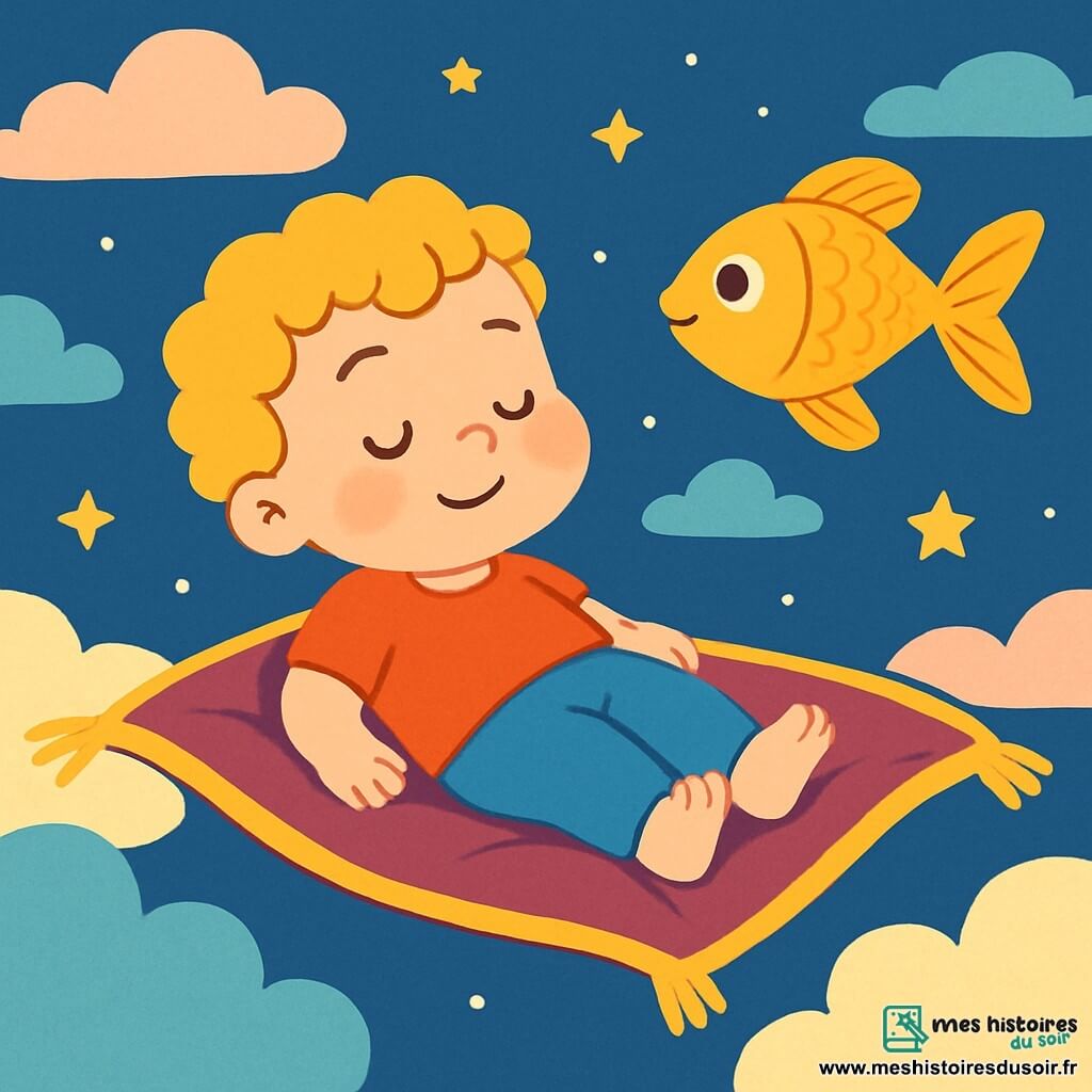 Un petit garçon de 2 ans, aux cheveux bouclés et dorés, sourit paisiblement allongé sur un tapis volant moelleux, entouré de nuages doux. Il ferme les yeux, respirant calmement, avec une expression sereine. À ses côtés, un joli poisson d'or nage gracieusement dans l'air, ses écailles scintillant sous la lumière. Le lieu est un ciel étoilé avec des nuages pastel et des étoiles scintillantes, créant une ambiance magique. Le garçon se laisse porter par le tapis, tandis que le poisson l'encourage à respirer doucement, instaurant une atmosphère de relaxation parfaite pour s'endormir.