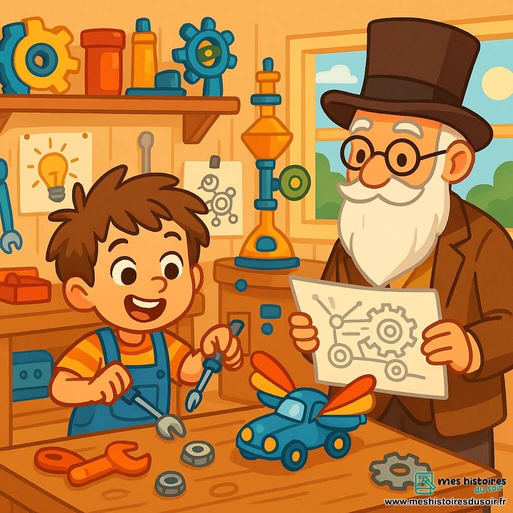 Un petit garçon de 6 ans, Paul, avec des cheveux bruns en bataille et des yeux curieux, manipule des outils dans un atelier d'inventeur. Il porte une salopette bleue et un t-shirt rayé, affichant une grande joie. À ses côtés, Monsieur Lefebvre, un homme âgé avec une longue barbe blanche et un chapeau haut-de-forme, l'observe avec bienveillance, tenant un plan d'invention. L'atelier est rempli de machines colorées, de pièces de métal brillantes et de dessins, créant une atmosphère magique. Paul teste une petite voiture volante qu'il a fabriquée, avec des ailes colorées, tandis que l'enthousiasme de Paul et l'encouragement de Monsieur Lefebvre favorisent la créativité.