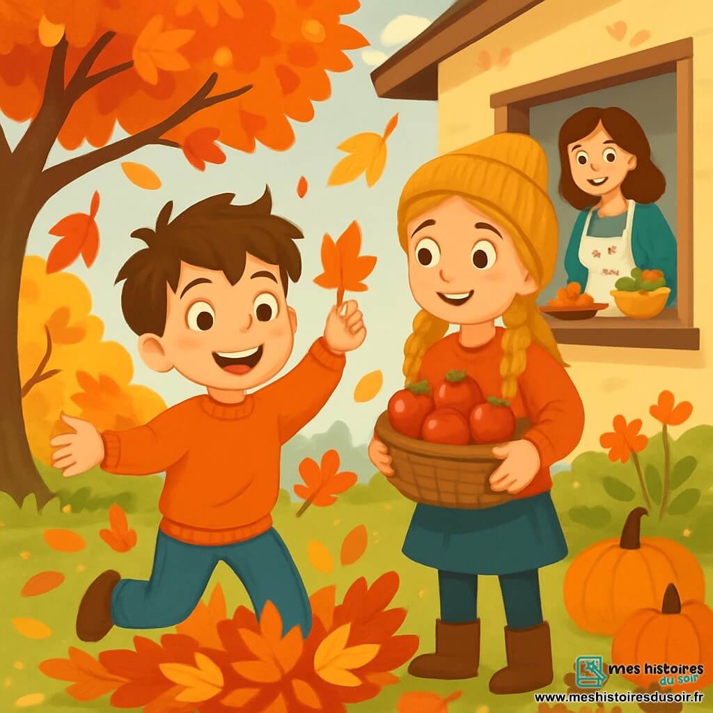 Luca, un garçon de 8 ans aux cheveux bruns en bataille et aux yeux curieux, se trouve dans un jardin d'automne. Il porte un pull orange et un pantalon en jean, souriant en ramassant des feuilles dorées et rouges. Sa grande sœur Clara, 10 ans, avec des cheveux blonds tressés et un bonnet, l'aide en tenant un panier de pommes brillantes, l'encourageant dans sa collecte. En arrière-plan, leur maman, une femme d'une trentaine d'années avec des cheveux châtains et un tablier fleuri, les observe depuis la cuisine. Le jardin est coloré avec des arbres flamboyants, des citrouilles et des fleurs fanées sous un ciel gris clair. Luca s'amuse à sauter dans les tas de feuilles, tandis que Clara l'incite à en ramasser plus pour leur décoration d'automne.