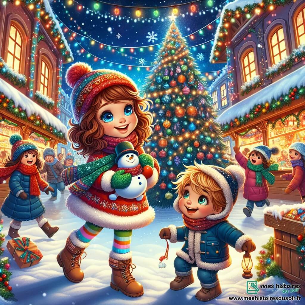 Émilie, une petite fille de 9 ans aux cheveux châtains bouclés et aux yeux pétillants, se tient au centre d'un marché de Noël animé, souriante. Elle porte un pull rouge à motifs de sapin et des chaussettes colorées, tenant une guirlande faite main. À côté d'elle, son petit frère Maxime, 4 ans, avec des cheveux blonds en bataille et un bonhomme de neige en peluche, admire le sapin. Le marché est vibrant, avec des stands décorés de guirlandes lumineuses et un grand sapin nu au centre. Émilie et ses amis rassemblent des décorations pour embellir le sapin, créant une atmosphère festive.