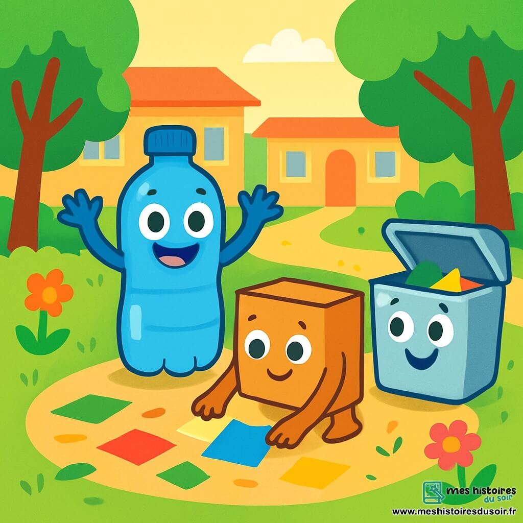 Une petite bouteille en plastique bleue, souriante, se trouve au centre de la cour d'école, levant les bras comme pour appeler à l'aide. À côté, un carton marron, amical, ramasse des papiers colorés éparpillés au sol. Un peu plus loin, une boîte en métal argentée, souriante, range les papiers. La cour est verdoyante, avec des arbres et des fleurs, mais le sol est en désordre. La bouteille, le carton et la boîte collaborent pour nettoyer la cour, soulignant l'importance de préserver la nature.