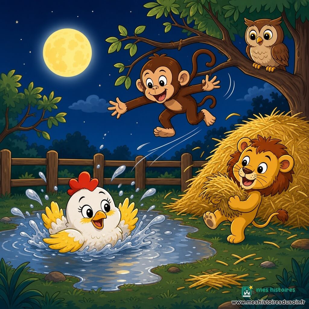 Pépita, petite poule blanche et jaune malicieuse, glisse sur le ventre dans une grande flaque d'eau sous la lune; Coco le singe brun saute de branche en branche au-dessus en riant, tendant les bras vers elle; Léo le lionceau doré, sourire, tient une botte de foin près d'un tas; un hibou perché observe depuis une branche; décor nocturne de zoo avec enclos bas, herbe sombre, flaques argentées et grande lune, ambiance joyeuse et paisible, éclaboussures et plumes de foin, style bande dessinée pour tout-petits.