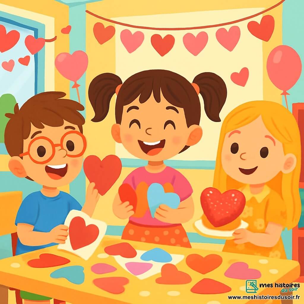 Il y a 3 personnages : Zoé, une petite fille de 7 ans avec des couettes brunes, portant un t-shirt rose et une jupe à pois, souriante au centre avec des cœurs en papier coloré ; Léon, un garçon de 7 ans avec des lunettes rouges et des cheveux châtains, à gauche de Zoé montrant une carte en forme de cœur ; et Mila, une petite fille de 7 ans avec des cheveux blonds, à droite de Zoé tenant un gâteau en forme de cœur. L'action se déroule dans une classe lumineuse de l'école Arc-en-Ciel, décorée pour la Saint-Valentin, avec des cœurs et des gâteaux. Les enfants préparent une fête, entourés de rires et de créativité.