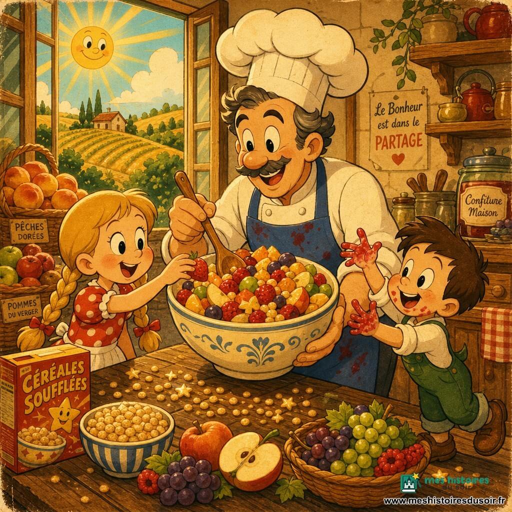 Un chef souriant aux cheveux poivre et sel, toque blanche et tablier bleu taché de confiture, tient un grand bol de salade de fruits colorée qu'il remue avec une cuillère en bois; à sa gauche une fillette de 8 ans aux nattes blondes et robe à pois rouges tend la main vers une fraise, à sa droite un garçon de 6 ans en salopette verte aux doigts tachés de jus de framboise rit sur la pointe des pieds; la cuisine chaleureuse de l'auberge montre une grande table en bois brut, paniers de pêches, pommes et raisins, une fenêtre ouverte sur des champs dorés baignés de soleil, des céréales soufflées brillantes sur la table; palette vive (rouges, oranges, verts, jaunes), atmosphère accueillante et gourmande, gestes doux et partage, composition centrée sur le chef et le bol, style graphique aux lignes fluides, formes rondes, ombres douces et texture papier ancien pour un effet rétro chaleureux.