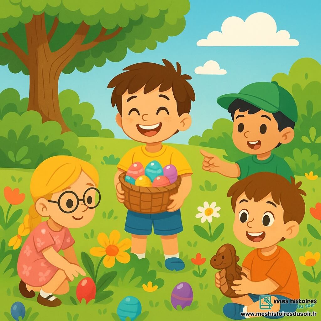 Quatre personnages principaux : Léo, un garçon de six ans avec des cheveux bruns en désordre, un t-shirt jaune et un short bleu, tenant un panier d'œufs colorés ; Mia, une fille de six ans aux longs cheveux blonds tressés et lunettes rondes, accroupie et examinant un œuf rouge derrière une fleur ; Tom, un garçon aux cheveux noirs et casquette verte, debout et pointant un œuf bleu découvert sous un buisson ; Lucas, un garçon châtain, assis sur l'herbe avec un œuf en chocolat en forme de dragon. Le jardin est en pleine floraison, avec des fleurs colorées, de grands arbres et un vieux chêne, sous un ciel bleu parsemé de nuages. Les enfants sont en pleine chasse aux œufs, riant et s'exclamant de joie, créant une atmosphère festive.