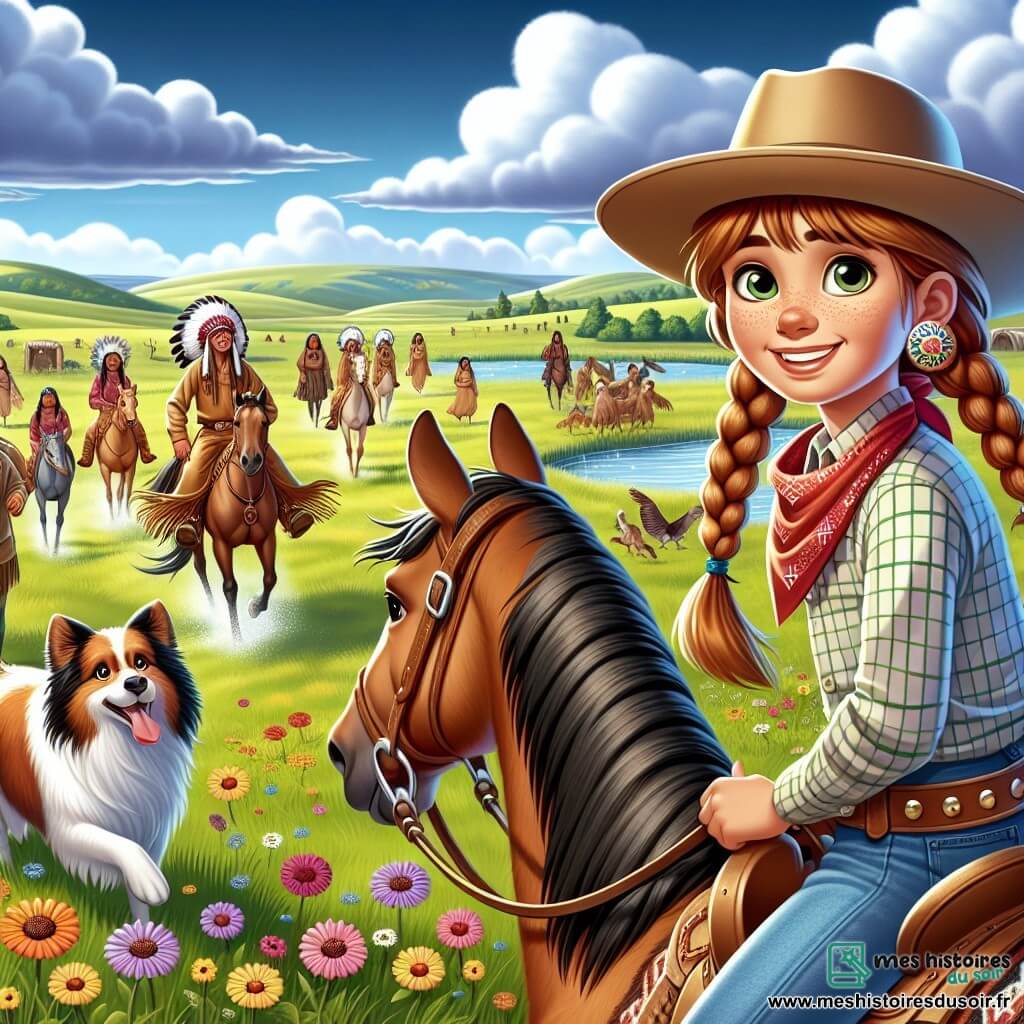 Au premier plan, Sarah, une cow-girl de 12 ans, est fièrement sur son cheval. Elle a de longs cheveux châtains tressés, un stetson beige, une chemise à carreaux rouge et un jean en denim. Son visage exprime détermination et curiosité alors qu'elle observe un groupe d'Indiens au loin, prête à les approcher avec un sourire amical. À ses côtés, Rusty, son chien de berger aux poils dorés, court joyeusement autour d'elle. En arrière-plan, un groupe d'Indiens, mené par un homme âgé, se tient près d'une source d'eau, portant des vêtements traditionnels colorés. Le lieu est une prairie ensoleillée avec des collines verdoyantes et un ciel bleu parsemé de nuages. Sarah s'approche des Indiens en chantant doucement pour apaiser leurs craintes, tandis que Rusty gambade autour d'eux, créant une atmosphère chaleureuse et pleine d'espoir.