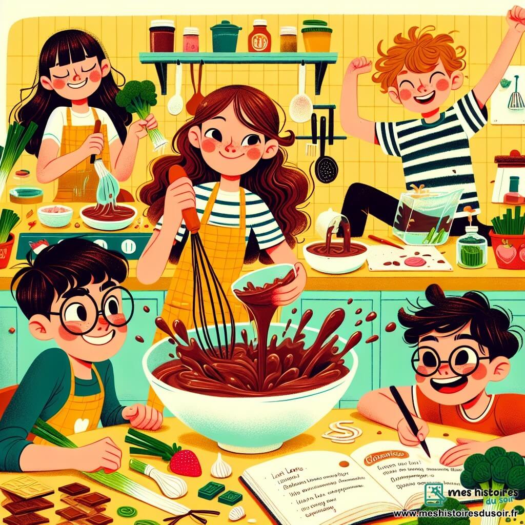 Dans une cuisine colorée, cinq amis se préparent pour un défi culinaire. Lili, 10 ans, mélange des poireaux avec du chocolat. Max, 9 ans, éclabousse de chocolat en riant. Tom, 11 ans, saute de joie avec un plat de spaghetti à la fraise. Inès, 10 ans, prend des notes, concentrée sur la préparation. Julien, 12 ans en fauteuil roulant, sourit en tenant un verre de sirop de brocoli. La cuisine est vive avec des murs jaunes et des ustensiles colorés. Ils préparent un concours de dégustation de plats étranges, riant et s'amusant ensemble.