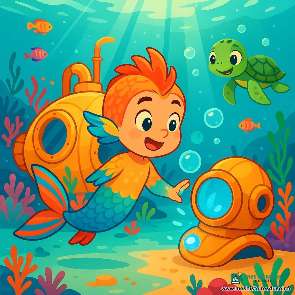 Elyo, un jeune personnage moitié poisson, moitié oiseau, nage avec enthousiasme dans un lagon turquoise. Ses écailles scintillantes et ses plumes colorées brillent sous le soleil. Curieux et émerveillé, il touche un casque de plongée lumineux près d'un sous-marin en forme de coquille géante. Une petite tortue marine, avec sa carapace verte et ses yeux pétillants, l'observe avec excitation. Le décor sous-marin est féerique, rempli de coraux colorés et de poissons éclatants, tandis que des rayons de lumière filtrent à travers l'eau. Elyo hésite entre entrer dans le sous-marin ou essayer le casque, entouré d'algues dansantes qui ajoutent à l'atmosphère d'aventure.