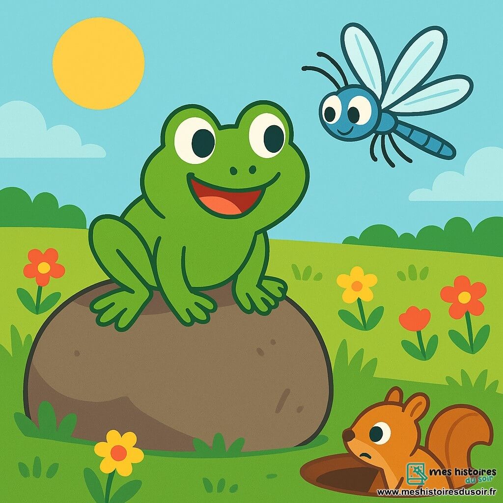 Une grenouille nommée Freddy, avec une peau verte et de grands yeux curieux, est perchée sur un rocher. Elle sourit joyeusement, prête à explorer. À ses côtés, une libellule nommée Lili vole avec grâce, ses yeux pétillants de curiosité. En arrière-plan, une prairie verdoyante parsemée de fleurs colorées est baignée par la lumière du soleil. Freddy et Lili regardent au loin, fascinés par une ouverture dans le sol où un écureuil semble coincé, créant une atmosphère d'aventure.