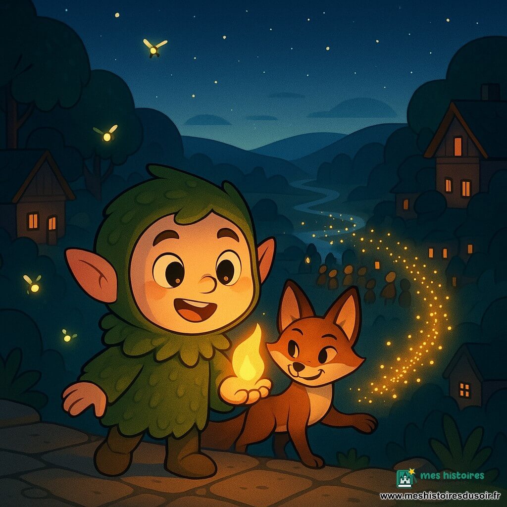 Lumo, petit être aux oreilles pointues et manteau de mousse, visage rond et yeux larges, tient une flamme flottante qui éclaire son visage; derrière lui, Rousseline, renarde au pelage cuivré, sourit malicieusement et tend la patte pour guider; quelques lucioles voltigent autour d’eux. Ils se tiennent au bord d’un chemin de pierre dans la Vallée des Lanternes au crépuscule — collines douces, rivière argentée, arbres texturés et maisons en bois aux lanternes suspendues; la flamme de Lumo se divise en centaines d’étincelles dorées qui s’envolent et éclairent les visages des habitants, créant une ambiance chaleureuse et pleine d’espoir.