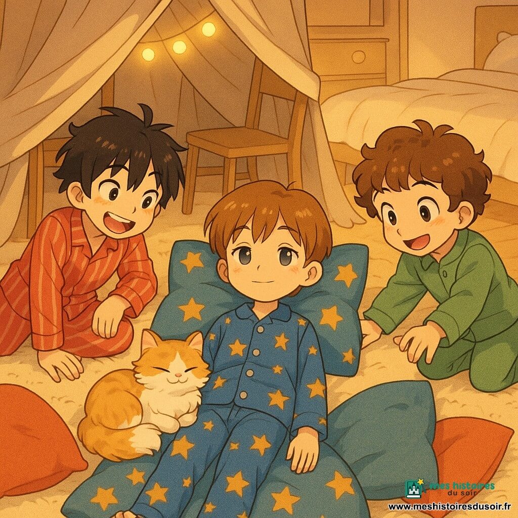 Quatre personnages dans une chambre tamisée et chaleureuse : Timothée, environ 9 ans, cheveux châtain clair, pyjama bleu à étoiles dorées, allongé au centre sur un grand coussin étoilé, bras le long du corps et regard doux ; Solal, environ 9 ans, cheveux noirs en bataille, pyjama rayé rouge, allongé à gauche près de l’entrée d’une cabane faite d’un drap, riant légèrement, appuyé sur un coude ; Léo, environ 9 ans, cheveux bouclés marron, pyjama vert, allongé à droite, souriant et tendant la main vers le coussin ; et Biscotte, petit chat roux et blanc au pelage duveteux, installé enroulé sur le coussin comme une reine. La pièce, avec tapis crème, lit avec duvet blanc, guirlande lumineuse jaune pâle et piles de coussins colorés autour, offre une ambiance cocooning et drôle, textures moelleuses et lumière chaude, style manga aux traits ronds et yeux expressifs.