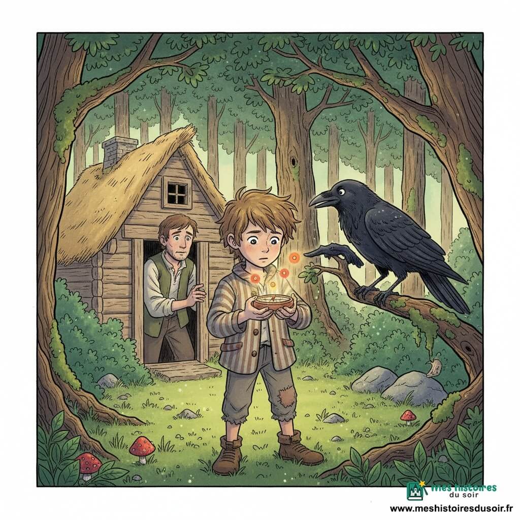 Le Petit Poucet, garçon mince d’environ 8–9 ans aux cheveux châtain clair en bataille et au regard curieux et déterminé, porte une veste en lin rayée et un pantalon rapiécé; il tient une petite boussole ronde en cuivre ouverte d’où flottent trois lueurs chaudes, tandis qu’un corbeau noir brillant, perché sur une branche basse d’un vieux chêne, semble désigner la boussole; le père, homme de 35–40 ans au visage fatigué mais bienveillant, se tient à la porte d’une petite chaumière en bois, regardant Poucet avec inquiétude et tendresse; la scène se passe dans une clairière à l’orée d’une forêt dense — troncs noueux couverts de mousse, feuilles vert profond, quelques champignons rouges et herbe éclairée par la lumière du matin — ambiance douce aux couleurs pastel avec contrastes cuivrés sur la boussole, traits nets et expressions lisibles.