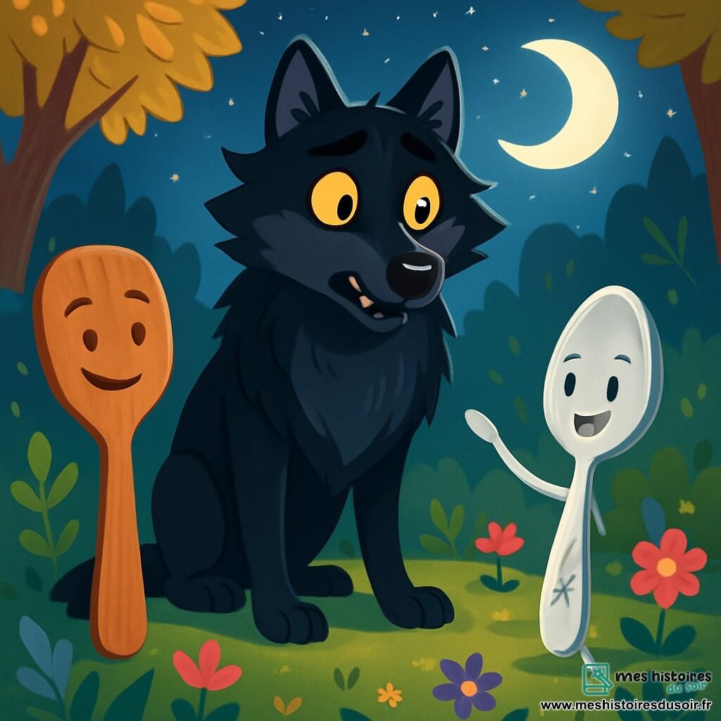 Au centre de la scène, un grand loup noir se tient majestueusement, ses yeux brillants affichant surprise et curiosité. À sa droite, une petite cuillère d'argent nommée Liseron, avec une gravure d'étoile filante, lève son manche vers le loup avec détermination. À gauche, Cuistot, une spatule en bois souriante, observe la scène avec bienveillance. Le décor est une clairière enchantée, éclairée par la lune, entourée d'arbres dorés et de fleurs colorées. Le loup, autrefois craint, est maintenant ému en écoutant les cuillères chanter, créant une ambiance de paix et d'amitié sous le ciel étoilé.