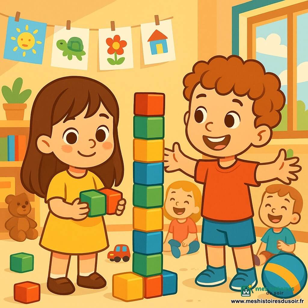 Une petite fille de 4 ans, Lisa, avec de longs cheveux bruns et des yeux pétillants, se tient au milieu d'une classe lumineuse. Elle sourit timidement, tenant des cubes colorés. À côté d'elle, Antoine, un garçon de 5 ans avec des cheveux bouclés et un t-shirt rouge, l'encourage avec un grand sourire. La salle de classe est décorée de dessins colorés et de jouets, créant une ambiance chaleureuse. Lisa et Antoine jouent ensemble à construire une tour de cubes, entourés des rires admiratifs d'autres enfants, illustrant l'esprit d'amitié et de découverte à l'école.
