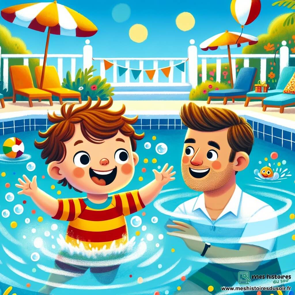 Un petit garçon de 2 ans, cheveux bruns en bataille et grand sourire, nage dans une piscine bleue. Il porte un maillot de bain rayé rouge et jaune et fait des bulles, les yeux pétillants d'excitation. À côté de lui, Monsieur Lucas, un homme d'environ 30 ans avec des cheveux courts et une légère barbe, sourit et l'encourage, prêt à l'aider. La piscine est entourée de carrelage blanc et de chaises longues colorées, avec des jouets flottants et des ballons sur l'eau. Le ciel est bleu et ensoleillé, ajoutant à l'ambiance joyeuse. Le petit garçon s'amuse à éclabousser l'eau, tandis que Monsieur Lucas l'encourage, créant une atmosphère de camaraderie et de joie.