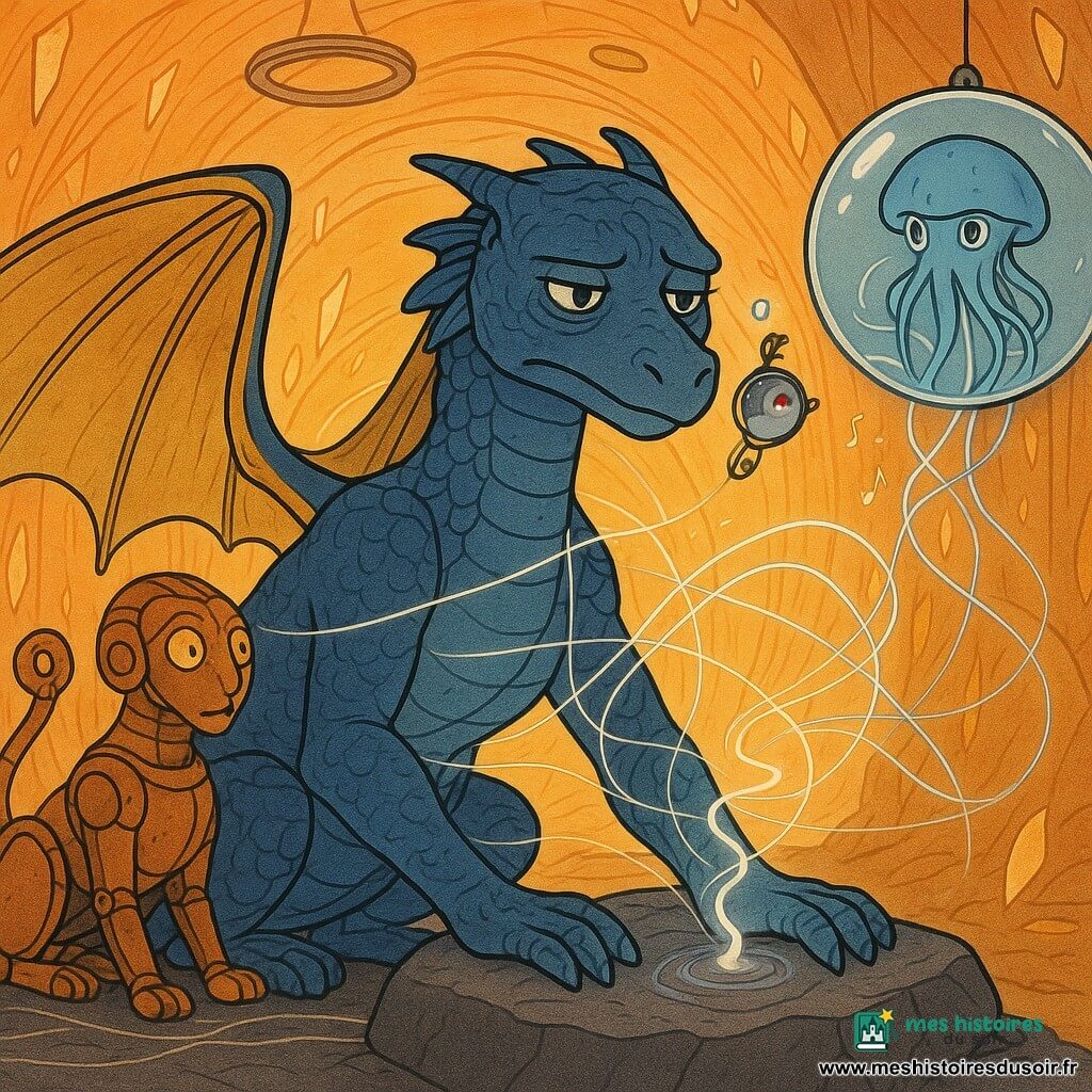 Sillane, grande dragonne aux écailles bleu encre et aux ailes ornées de filaments dorés, est attachée au Nœud Central, le visage résolu mais fatigué, une griffe posée sur une pierre sombre qui bat faiblement et une lueur spiralée monte de sa paume ; Zib, petit drone-escargot métallique avec un autocollant coloré, est accroché à son harnais, fier et malicieux, émettant de petites notes lumineuses près de son épaule ; à gauche, un sphinx mécanique en cuivre tisse des fils de lumière avec une queue en forme de clé, concentré et calme ; à droite, une méduse stellaire enfermée dans une bulle d’eau flotte en ondulant, projetant des rubans d’eau luminescente qui se mêlent aux fils ; le Couloir d’Ambre, tunnel lumineux aux tons orangés et ambrés, est rempli de filaments translucides, anneaux métalliques flottants et fragments suspendus ; la scène montre un rituel de réparation où fils de lumière et d’ombre sont tissés au-dessus du Nœud, la dragonne servant d’ancre vivante pendant que les autres apaisent le couloir tremblant, mélange de technologie et de magie, contraste chaud (ambre) / froid (encre bleue).