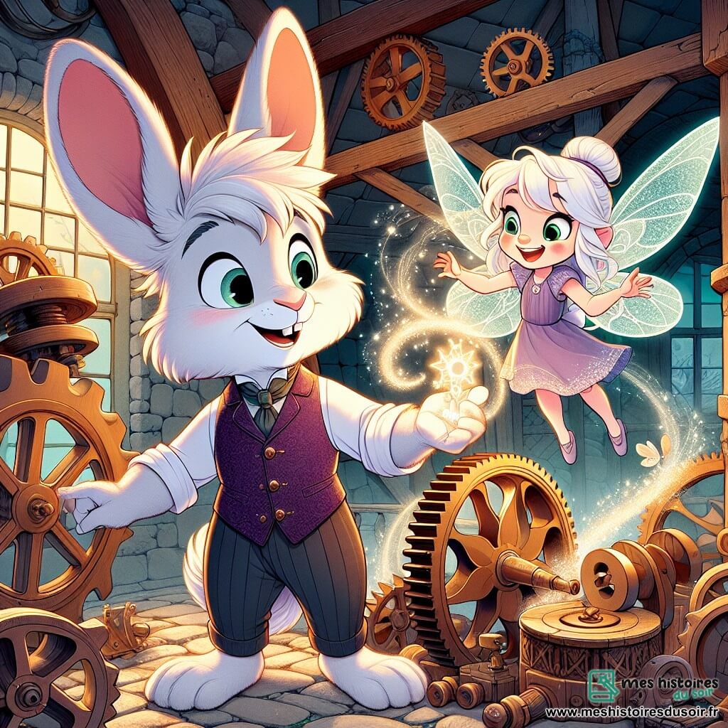Barnabé, un lapin anthropomorphe au pelage blanc, porte un veston violet et tient une dent de dragon dans ses pattes. À ses côtés, Félicie, une petite fée aux cheveux brillants et aux ailes translucides, sourit en flottant légèrement au-dessus du sol, agitant des étincelles magiques. L'action se déroule dans un vieux moulin enchanté, rempli de rouages en bois et de cristaux lumineux, où la lumière de la lune crée une atmosphère mystérieuse. Barnabé et Félicie réparent un mécanisme complexe, tandis qu'une douce mélodie s'échappe du moulin, symbolisant l'harmonie entre magie et technologie.