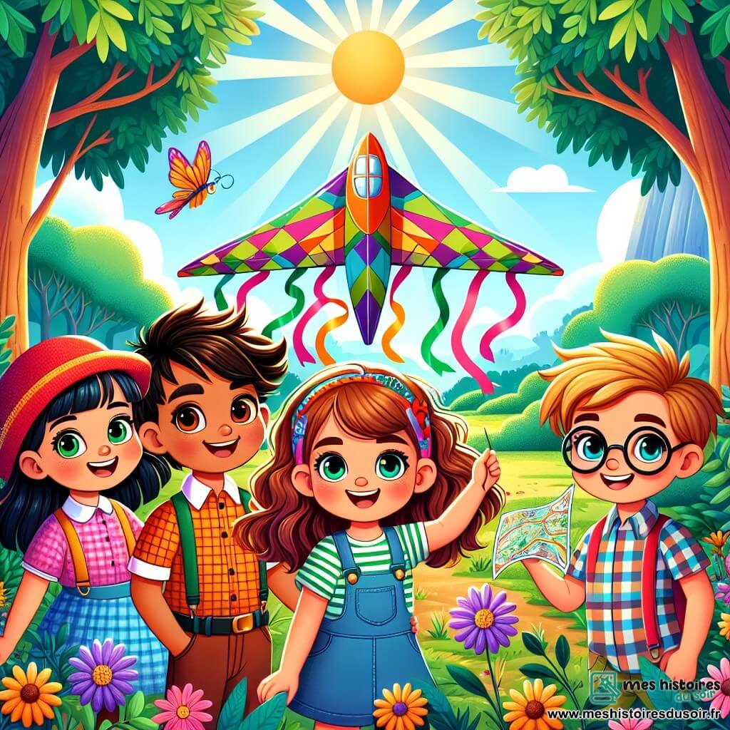 Dans une clairière ensoleillée, quatre amis se tiennent ensemble, prêts pour l'aventure. Léo, un garçon de six ans avec des cheveux bruns en bataille, est au centre, souriant et montrant leur machine volante, L'Aéroflore, décorée de couleurs vives. À sa droite, Emma, une fille courageuse avec des cheveux bouclés et une casquette rouge, lève les bras, enthousiaste. À gauche, Tom, un garçon intelligent portant des lunettes et une chemise à carreaux, examine une carte en souriant. Enfin, Mia, une fille gentille avec un sourire radieux, est assise sur une pierre, tenant un papillon coloré. Le décor est une clairière entourée de grands arbres, de fleurs sauvages et d'un ruisseau scintillant. Les enfants sont prêts à monter dans leur machine pour explorer le parc mystérieux, remplis d'excitation et de curiosité.