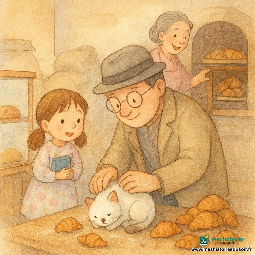 Monsieur Simon, visage doux, lunettes rondes, chapeau gris et manteau beige, penché à hauteur d’enfant souriant en caressant un petit chat blanc aux pattes farineuses; Lucie, ~7 ans, cheveux en couettes et robe à fleurs, émerveillée, tenant un petit livre près de la vitrine; Madame Rose, boulangère cinquantaine, tablier rose poudré et cheveux gris relevés, joyeuse près du fourneau ouvrant un placard où l’on voit des croissants; chat blanc au museau taché de chocolat blotti sous une étagère parmi une pile de mini croissants; intérieur chaleureux de boulangerie avec comptoir en bois clair, sacs de farine, poussière de farine au sol et lumière matinale douce — moment tendre de découverte aux teintes chaudes et textures aquarelle.