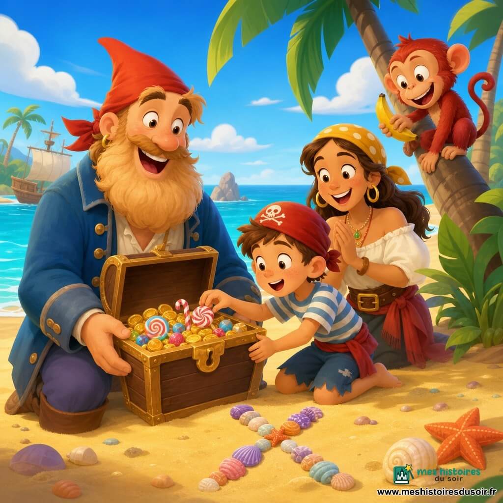 Léon, un grand pirate au sourire large, barbe douce, chapeau rouge pointu et veste bleue délavée, tient un coffre en bois ouvert rempli de pièces d’or et de bonbons ; à ses côtés un garçon d’environ 8 ans aux cheveux bruns et t-shirt rayé tend la main émerveillé vers un bonbon, derrière le coffre une femme pirate d’environ 30 ans à la peau bronzée et bandana jaune sourit et applaudit doucement, un petit singe roux tient une banane perché sur une branche de palmier ; ils sont sur une plage de sable doré bordée de palmiers, des coquillages forment un grand X où Léon a creusé et découvert le coffre, eau turquoise, ciel bleu avec quelques nuages, scène chaleureuse aux couleurs vives et lumière dorée, ambiance joyeuse et partagée.