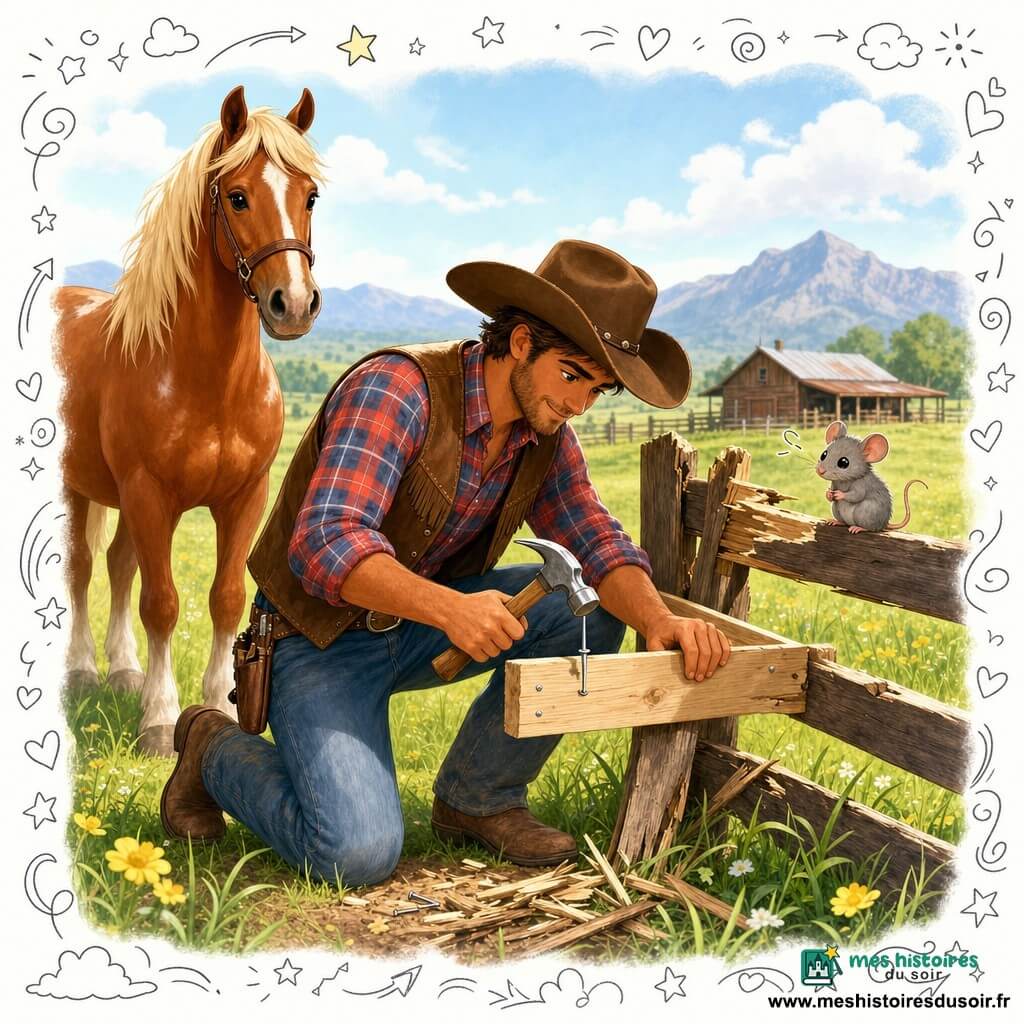 Un cow-boy agenouillé, visage bronzé et barbe naissante, grand chapeau marron, chemise à carreaux, gilet en cuir et jean, cloue une planche sur une clôture cassée ; son cheval Biscuit, alezan à crinière crème, se tient derrière à gauche, observant calmement, et une petite souris grise aux yeux noirs est perchée sur une latte à droite ; décor : vaste prairie lumineuse à herbe verte et fleurs jaunes, ranch et montagnes basses à l'horizon sous un ciel bleu cotonneux ; ambiance chaleureuse et sereine, plan centré sur la réparation avec clous étincelants et copeaux de bois.