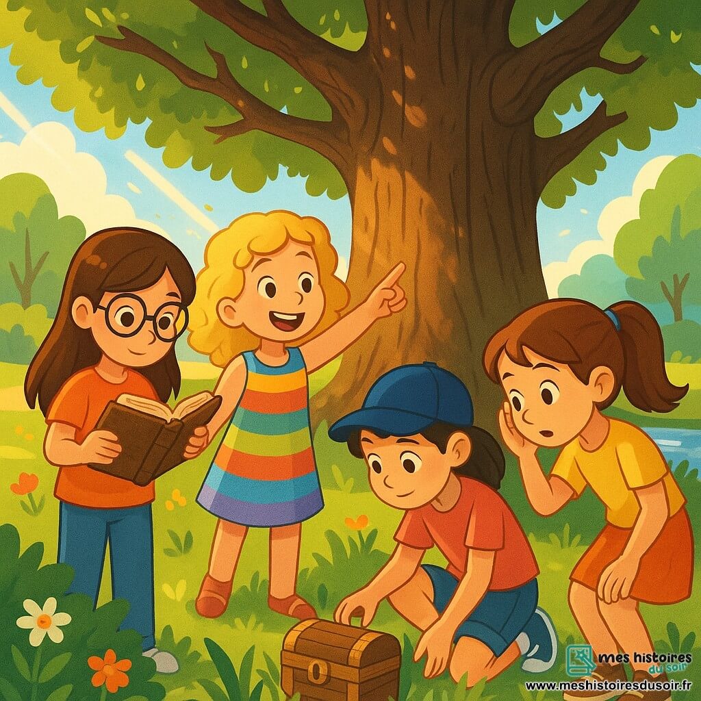 Quatre filles de dix ans, Clara, Lila, Jade et Zoé, se tiennent devant un grand chêne dans un parc ensoleillé. Clara, avec des lunettes, examine un vieux livre. Lila, souriante, pointe le chêne, vêtue d'une robe colorée. Jade, accroupie, regarde un coffret en bois caché dans l'herbe, tandis que Zoé, penchée, écoute le vent. Le parc est rempli de fleurs et de rayons de soleil créant une ambiance magique. Les quatre amies cherchent un trésor caché, intriguées par un ancien journal qui les a conduites à ce chêne mystérieux. Elles échangent des idées et des rires, prêtes pour leur aventure.