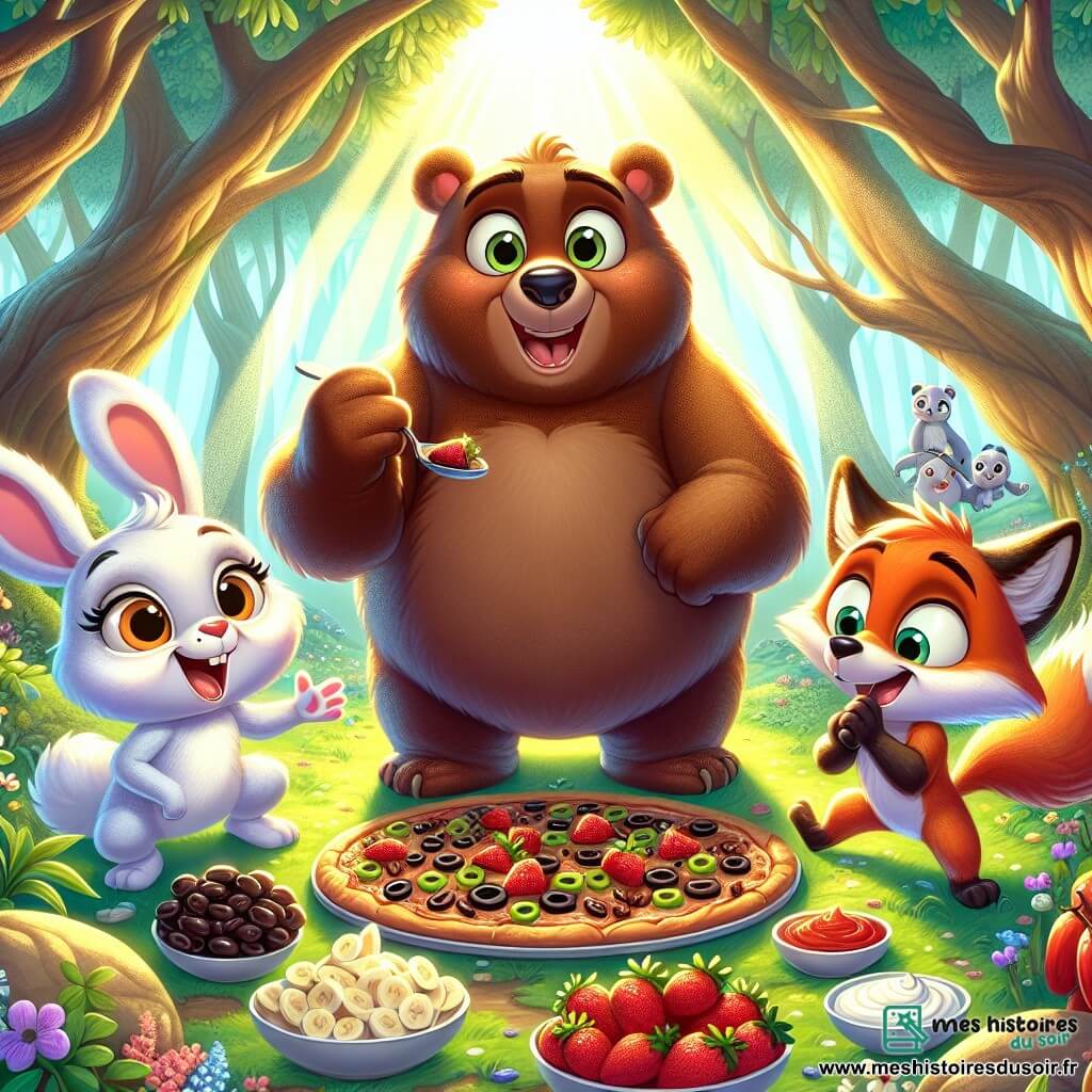 Barnabé, un ours brun aux yeux pétillants et au pelage doux, se tient au centre de la scène avec un large sourire, prêt à goûter une pizza au chocolat et aux olives, une cuillère à la patte. À sa droite, Lola, une lapine blanche, saute d'excitation en tenant un plat de fraises et de fromage bleu, son visage illuminé par un sourire joyeux. À gauche, Max, un renard roux, croise les pattes avec amusement en observant Barnabé, une assiette de bananes et de mayonnaise à ses pieds. La scène se déroule sous un grand chêne dans une forêt enchantée, éclairée par des rayons de soleil, avec un tapis de fleurs colorées. D'autres animaux curieux se rassemblent au fond, impatients de voir le défi culinaire. Barnabé, déterminé et amusé, s'apprête à croquer dans sa création, entouré de ses amis qui l'encouragent.