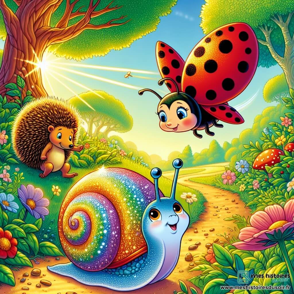 Un petit escargot nommé Lutin, avec une coquille irisée comme un arc-en-ciel, avance lentement sur un chemin de terre, affichant une expression déterminée. À ses côtés, une coccinelle rouge nommée Lila vole joyeusement, tandis qu'un hérisson sage, Hugo, se tient près de lui, prêt à l'encourager. La scène se déroule dans une forêt enchantée, avec des arbres majestueux et des fleurs colorées. Lutin et ses amis se dirigent vers la Colline du Vent pour trouver la Fleur de Vie et sauver leur Grand Chêne, illuminés par des rayons de soleil.