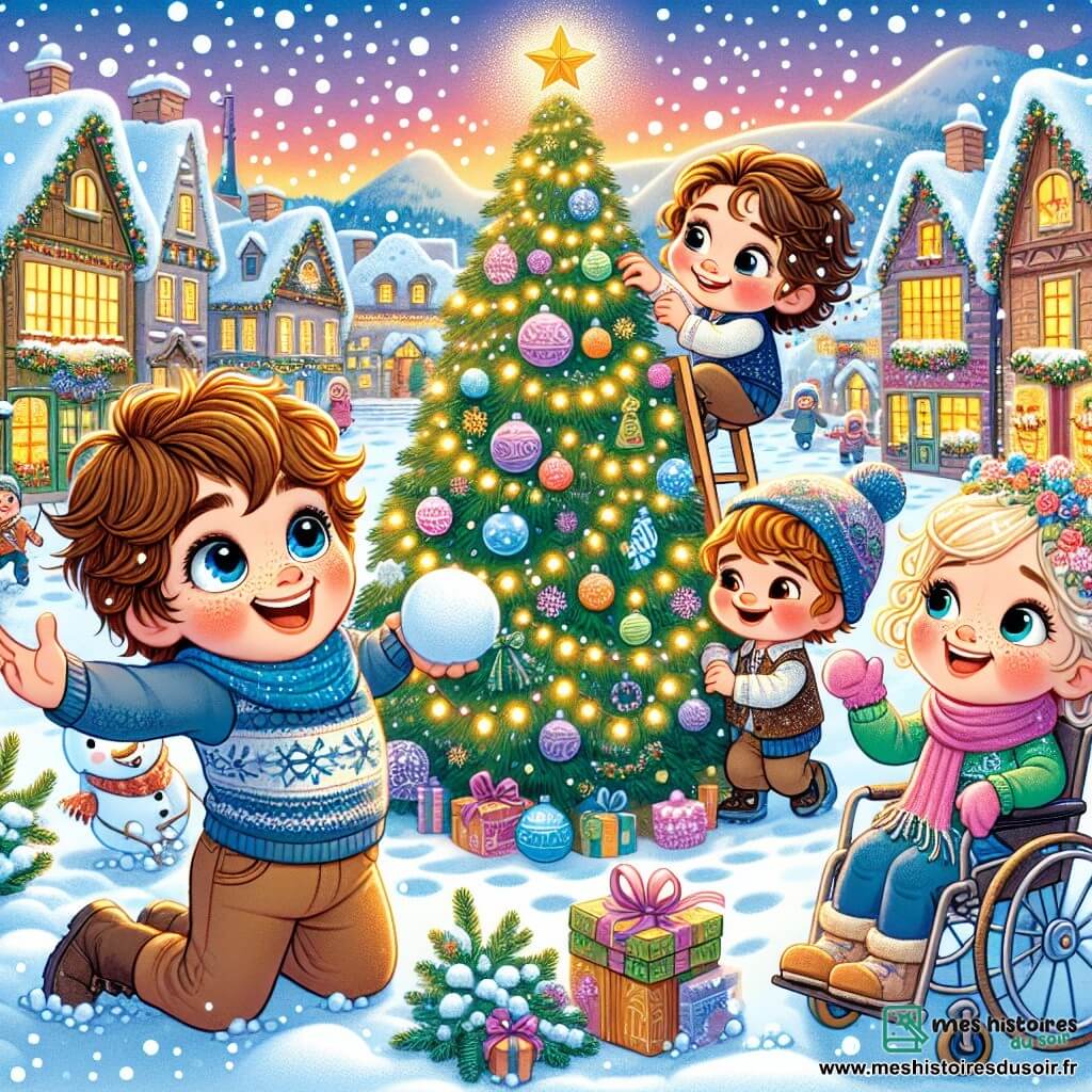 Dans un village enneigé, quatre enfants se rassemblent autour d'un sapin décoré. Théo, au centre, exprime sa joie, tandis que Léa lance une boule de neige et Hugo accroche une guirlande. Clara, dans son fauteuil roulant, observe émerveillée. Le village est illuminé et les flocons de neige tombent. Les enfants profitent d'une journée de Noël magique, remplie de rires et de jeux, célébrant ensemble la fête dans une ambiance joyeuse.