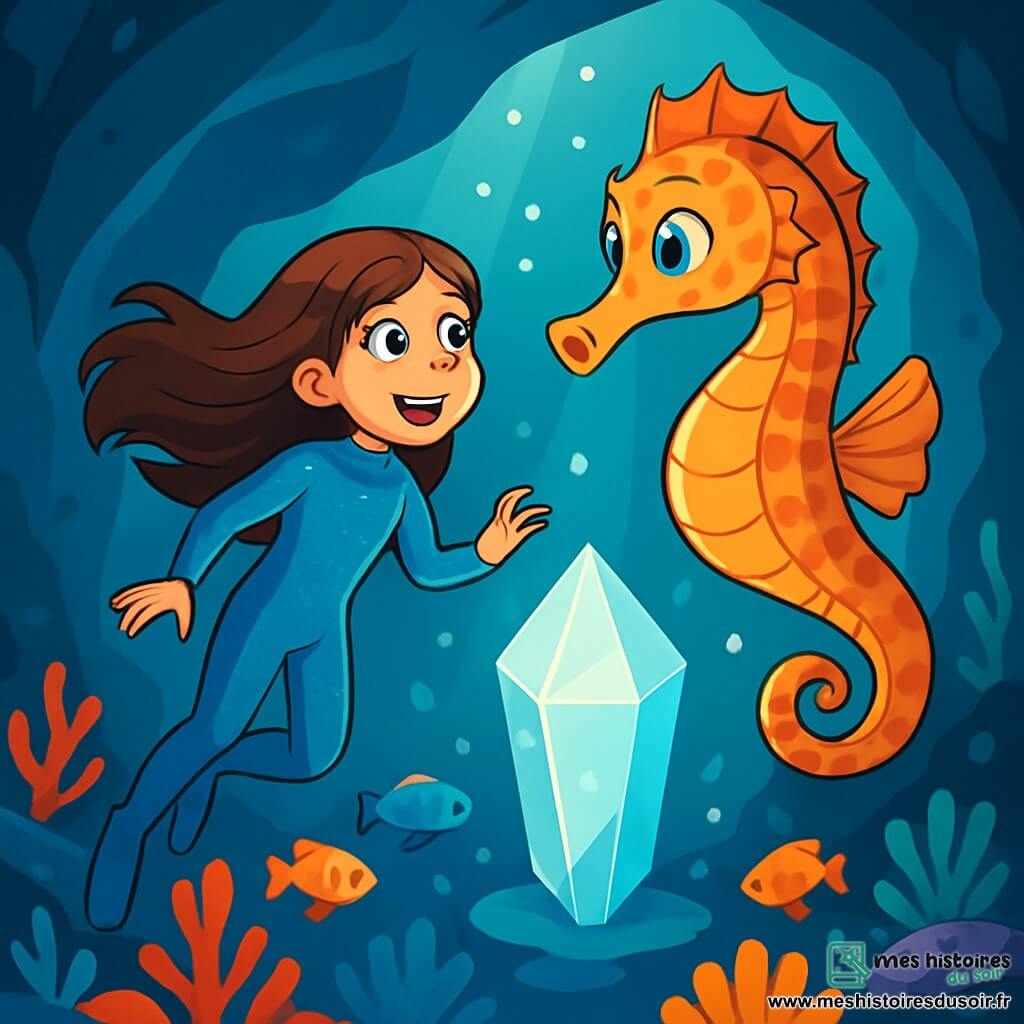 Une fille de 12 ans, avec de longs cheveux bruns flottant dans l'eau, porte une combinaison de plongée bleue scintillante. Son visage exprime une curiosité émerveillée, ses yeux brillants d'excitation alors qu'elle explore les profondeurs marines. À ses côtés, un hippocampe géant aux écailles multicolores nage gracieusement, semblant la guider. Le décor est une caverne sous-marine illuminée par des rayons de lumière, mettant en valeur des coraux vibrants et des poissons colorés. Au centre, un immense cristal brillant émet une lueur douce et mystique, créant une atmosphère magique. La scène montre la fille et l'hippocampe s'approchant du cristal, émerveillés par sa beauté.