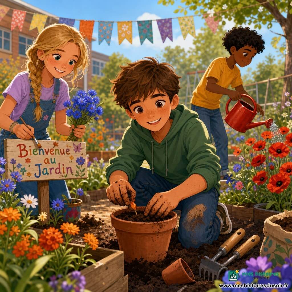 Lucas, garçon de 12 ans accroupi, cheveux châtains courts, mains terreuses, plante une petite graine orange dans un pot en terre cuite; Sarah, 12 ans, cheveux blonds en tresse, souriante, tient un bouquet de bleuets et peint une pancarte « Bienvenue au Jardin » à gauche; Tom, 12 ans, cheveux noirs bouclés, tient un arrosoir rouge et arrose des coquelicots à l’arrière droit; scène dans un jardin d’école printanier avec allées de terre, massifs de fleurs multicolores, petits pots et outils, guirlandes de tissu, ciel clair et balançoire floue, atmosphère lumineuse et chaleureuse, style vectoriel net aux couleurs saturées, formes simples, cadrage moyen rapproché et douce lumière du matin.