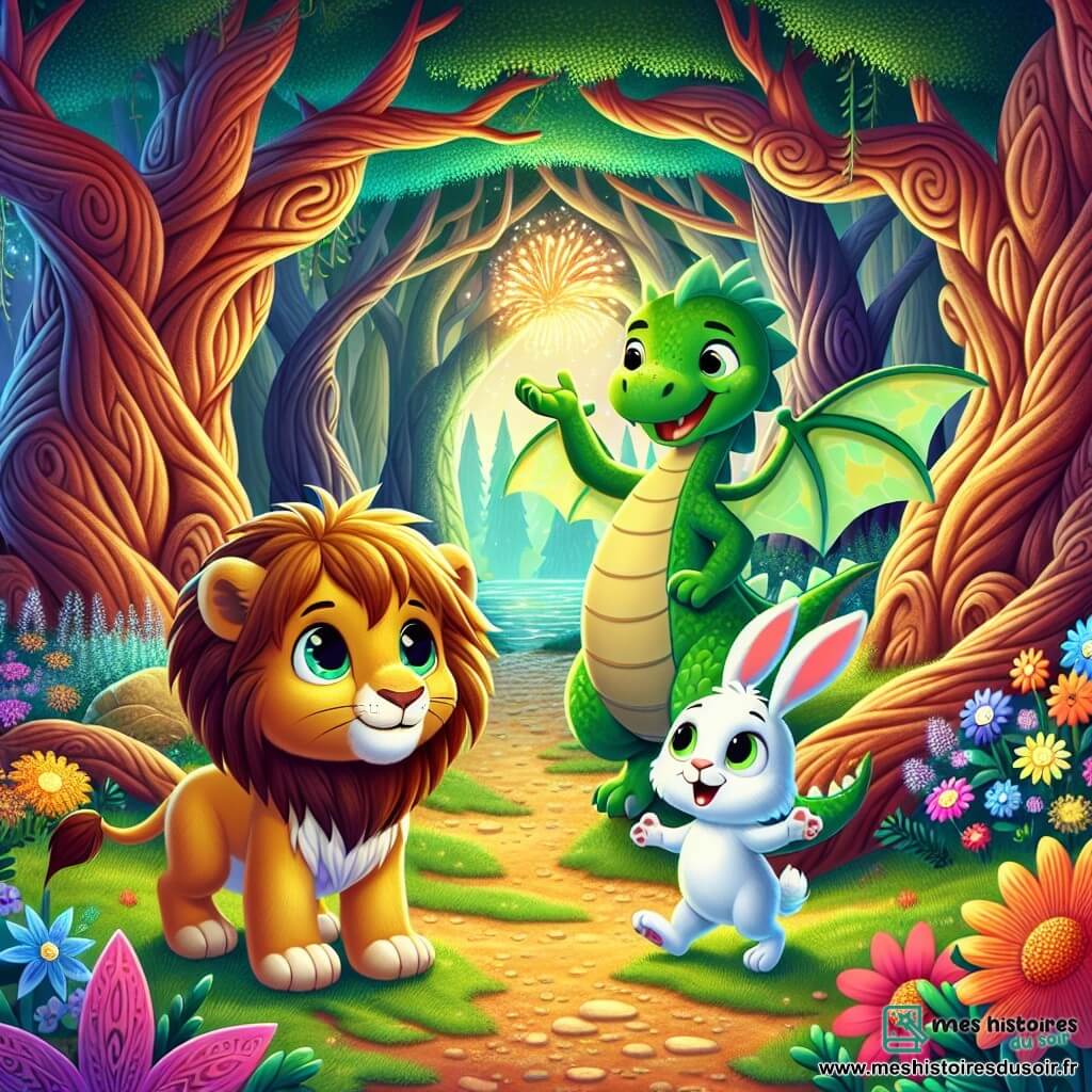 Dans une forêt magique, trois amis se tiennent ensemble : Léo, un lionceau de 5 ans avec un pelage doré, regarde une grotte sombre ; Max, un dragon de 4 ans aux écailles vertes, vole au-dessus du sol en souriant ; et Tom, un lapin de 3 ans au pelage blanc, se tient à côté de Léo, courageux malgré ses pattes tremblantes. La scène se déroule dans une forêt enchantée avec des arbres majestueux, des fleurs colorées et une rivière scintillante. Devant la grotte, un dragon farceur joue avec des flammes de feux d'artifice, tandis qu'un vieux hibou les observe. Les amis sont prêts à partir à l'aventure pour retrouver un grimoire magique, unis par leur amitié et leur courage.