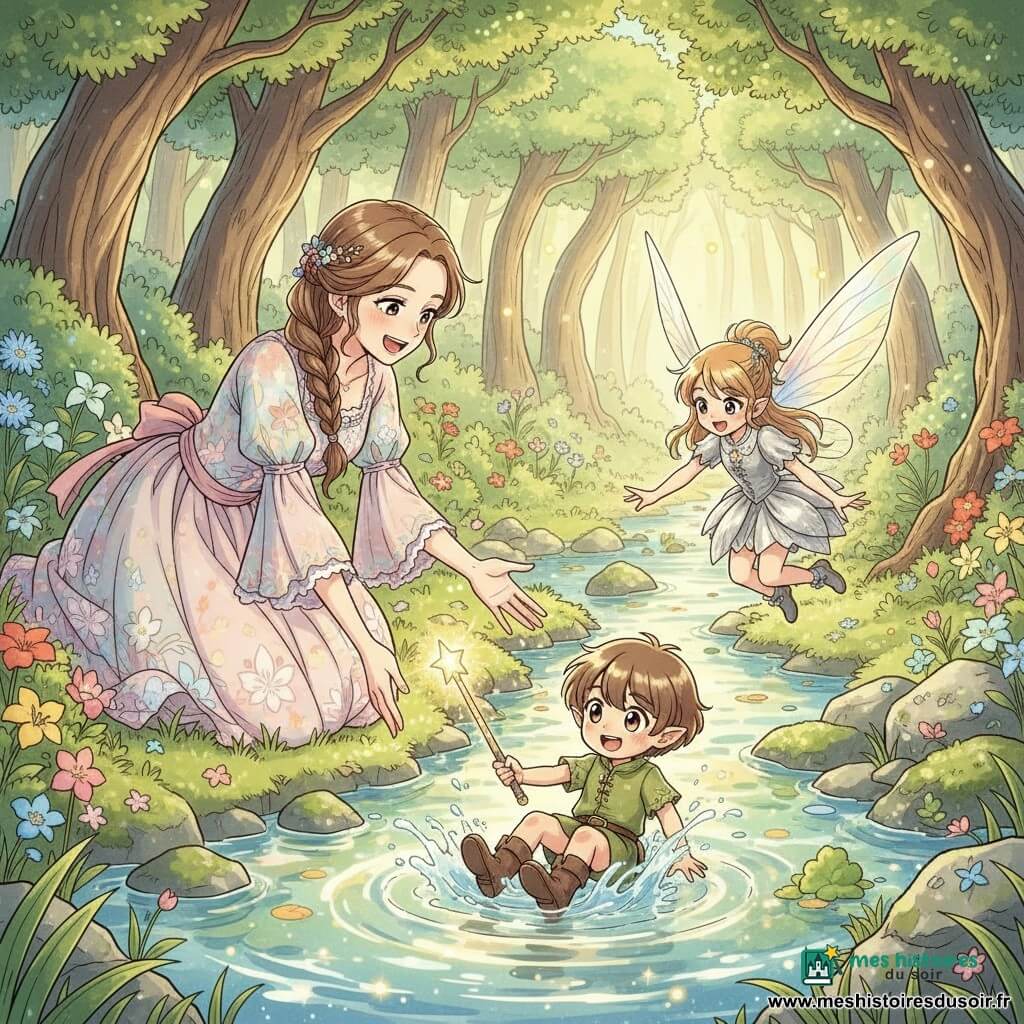 Aurore, au sourire doux et aux yeux brillants, cheveux châtains longs en tresse et robe pastel à fleurs, penchée au bord d'une rivière claire pour tendre la main et récupérer une baguette scintillante; la petite fée Étoile, ailes translucides irisées et robe argentée, flotte au-dessus de l'eau, émerveillée et soulagée; le lutin Grignote, garçon d'apparence huit ans, petit, cheveux ébouriffés, vêtement vert et bottines marron, est à mi-plongée dans la rivière en éclaboussant, tenant la baguette à moitié sortie de l'eau; la scène se passe dans une forêt lumineuse aux troncs courbés, feuilles vertes, fleurs colorées, pierres moussues et reflets dorés, avec des lucioles flottant autour; situation : trio d'amis réuni au bord de la rivière chantante récupérant la baguette brillante, atmosphère joyeuse, couleurs chaudes et contrastes doux, composition centrée sur la baguette scintillante et les visages heureux.