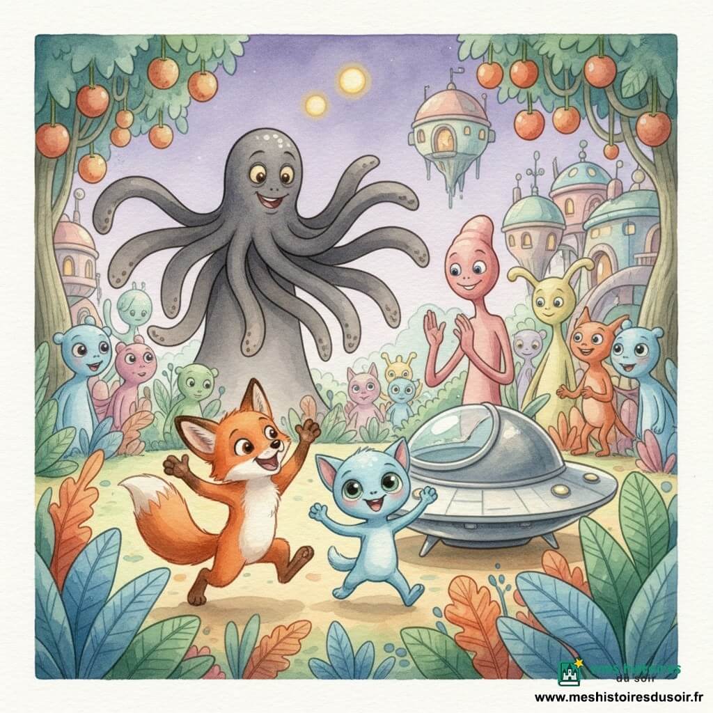 Filou, un jeune renard roux aux grandes oreilles, saute et danse joyeusement en chantant tandis que Zog, petit extraterrestre bleu à grands yeux, l’imite près d’un vaisseau argenté; Glip, Zorgonien élancé à tête bulbeuse, bat la mesure en souriant et le Goulou, grande créature sombre à tentacules arrondis, se calme en ondulant; la fête improvisée se déroule dans un village zorgonien coloré aux maisons-bulles, jardins de fruits lumineux et plantes géantes sous un ciel violet à deux petits soleils, avec des couleurs chaudes et pastels, textures aquarelle et expressions dynamiques.