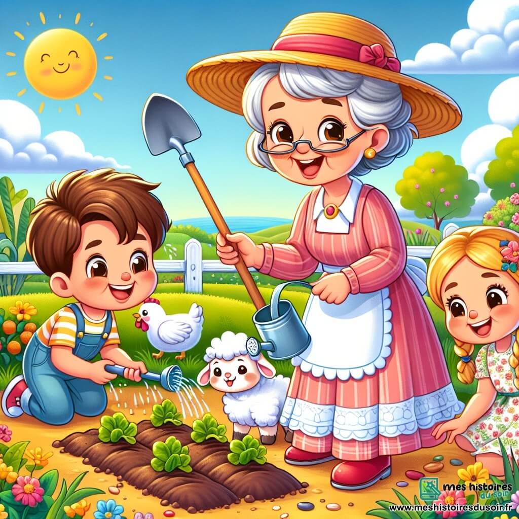 Mamie Lucie est une femme joyeuse avec des cheveux gris en chignon et un sourire chaleureux. Elle porte un chapeau de paille et des bottes rouges, tenant une pelle pour planter des graines dans un potager ensoleillé. À côté d'elle, un garçon de 8 ans aux cheveux bruns observe avec curiosité, tenant un arrosoir. Une fille de 6 ans avec des tresses blondes s’agenouille pour caresser un petit agneau blanc. La scène se déroule dans une ferme colorée entourée de champs verdoyants, avec des poules et des fleurs éclatantes. Mamie Lucie explique aux enfants comment planter des graines sous un soleil éclatant.