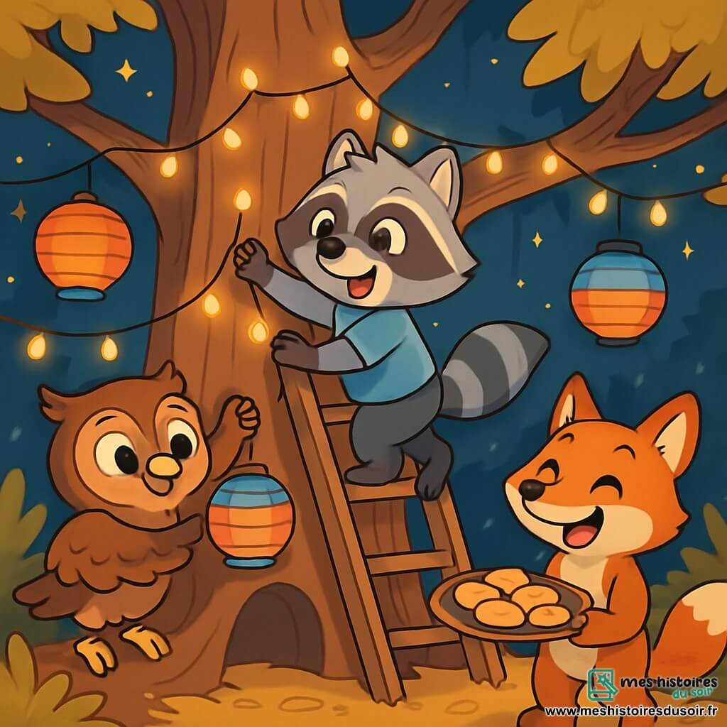 Un jeune raton laveur nommé Rémi grimpe sur une échelle en bois pour accrocher des guirlandes lumineuses sur un grand arbre, affichant un large sourire. À sa droite, Max le renard tient un plateau de biscuits au miel, riant joyeusement. À gauche, Léa le hibou accroche des lanternes colorées avec une expression concentrée mais heureuse. La scène se déroule dans la forêt enchantée de Sylvaniwood, où des arbres majestueux entourent un tronc d'arbre creux décoré de guirlandes étincelantes. Rémi et ses amis préparent la fête du Nouvel An, remplis d'excitation et de camaraderie sous un ciel étoilé.