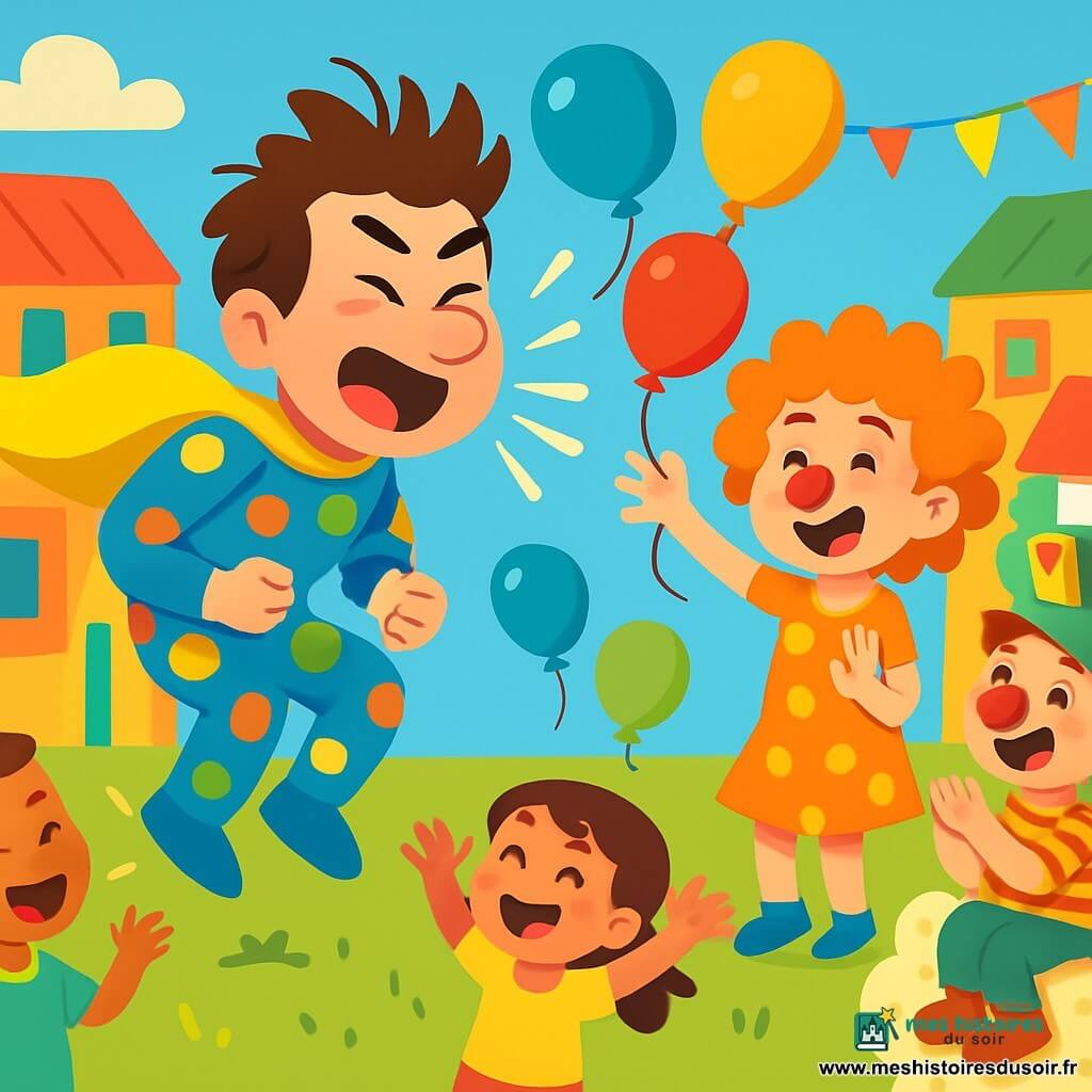 Super-Paf est un homme en costume à pois multicolores, avec une cape jaune fluo et un grand sourire. Il a des cheveux en bataille et des yeux malicieux, prêt à éternuer pour faire un saut incroyable. À ses côtés, une fille d’environ 10 ans, déguisée en clown avec un nez rouge et une perruque bouclée, jongle avec des ballons colorés. Un garçon de 8 ans, également clown, applaudit Super-Paf tout en étant assis sur un gros pop-corn avec un chapeau en forme de poisson. La scène se déroule sur la place de Rigolopolis, entourée de bâtiments colorés et de stands de bonbons, où des enfants rient et dansent. Super-Paf éternue, et tout le monde s'accroche à son harnais à selfies, tandis que les ballons s'envolent, créant une atmosphère joyeuse et magique.