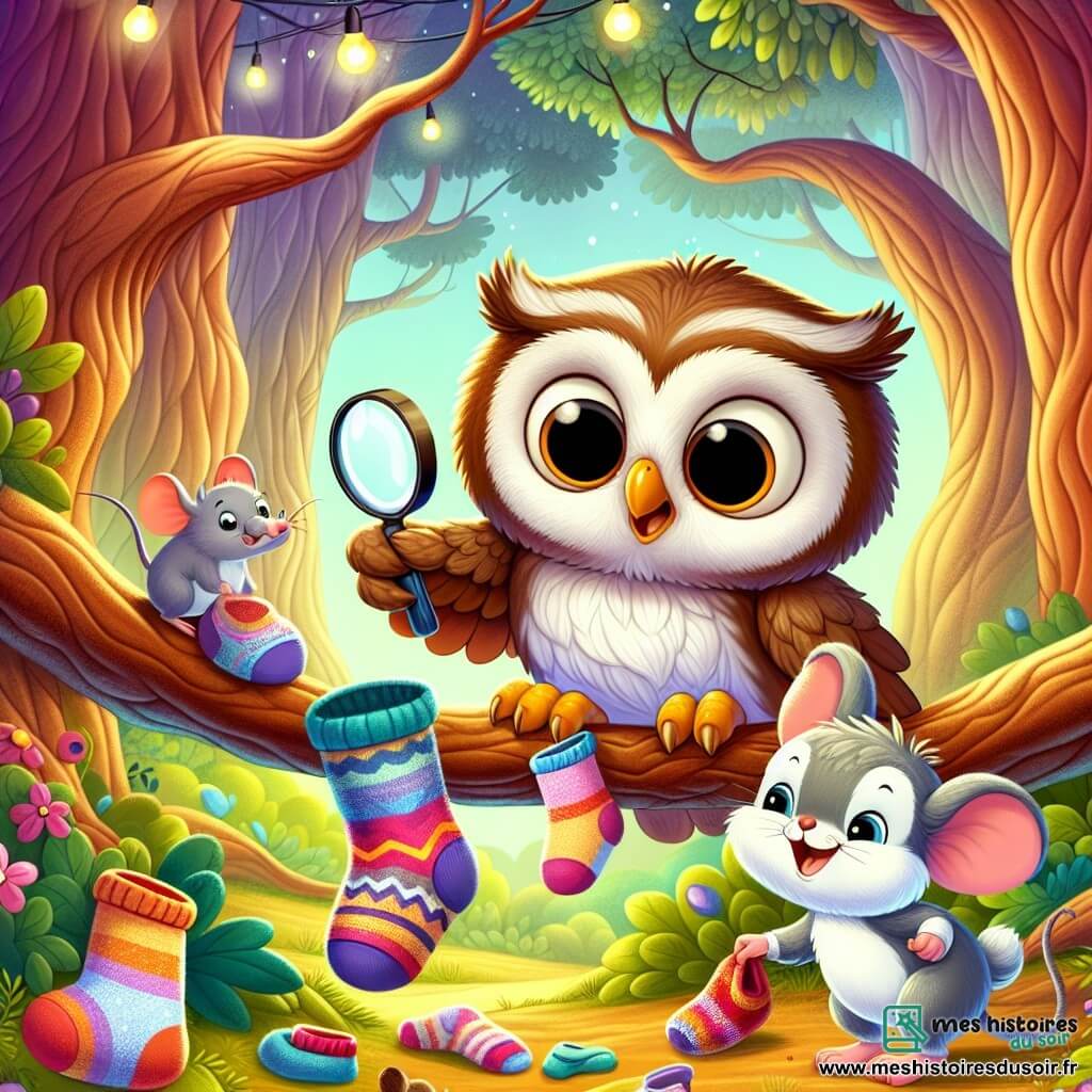 Houpette, un petit hibou aux grands yeux ronds et aux plumes brunes et blanches, observe avec curiosité, tenant une loupe dans ses pattes, perché sur une branche d'arbre. À ses côtés, Grignote, une souris espiègle au pelage gris, frotte ses pattes avant avec excitation, cherchant des indices. Un peu plus loin, Pompom, un lapin joyeux au pelage blanc, saute en tenant une chaussette colorée. La scène se déroule dans une forêt enchantée avec des arbres majestueux formant une école magique en écorce et fleurs éclatantes, illuminée par la lune. Les amis enquêtent sur des chaussettes colorées éparpillées, tandis qu'une boîte en carton mystérieuse promet d'autres surprises.