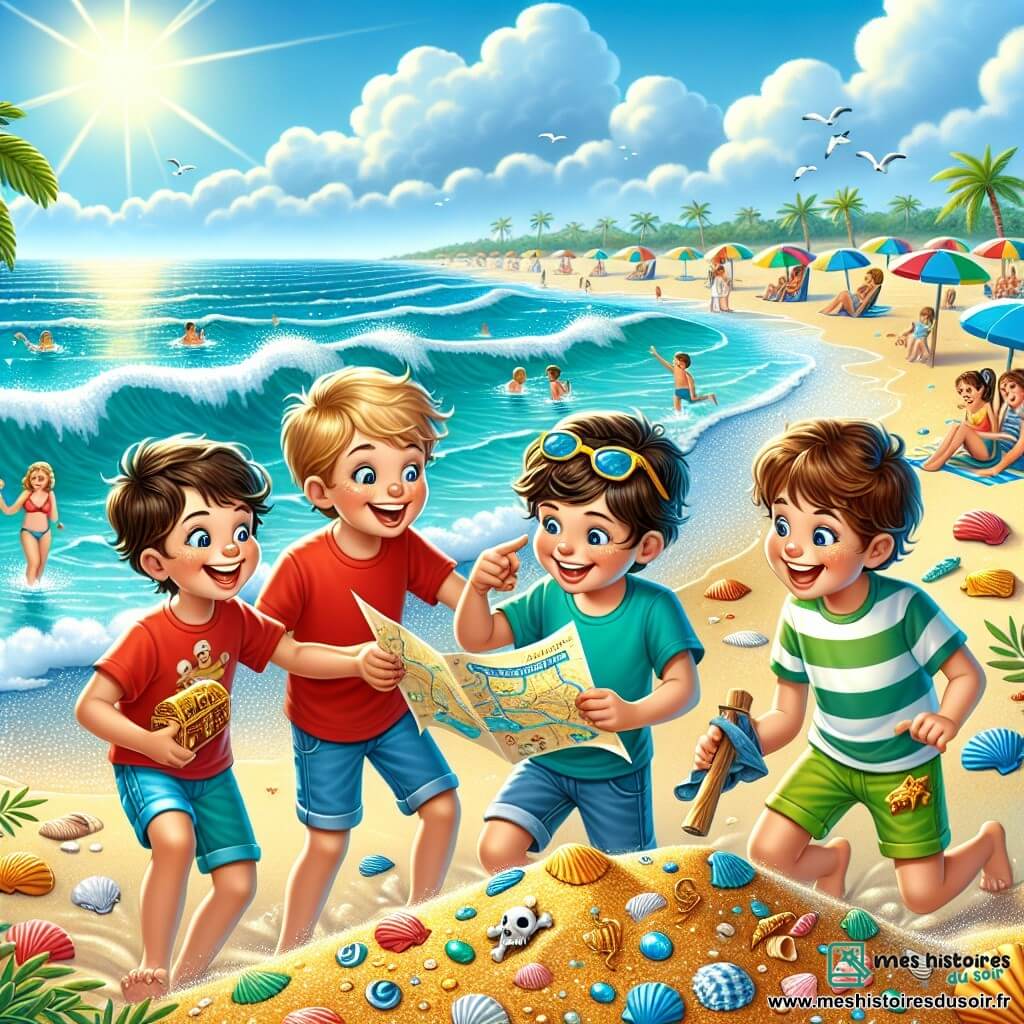 Au premier plan, quatre garçons de 10 ans, Lucas, Louis, Tom et Hugo, sont sur une plage ensoleillée. Lucas, en t-shirt rouge, tient une carte au trésor. Louis, en short bleu, montre des coquillages brillants. Tom, avec des lunettes de soleil et un t-shirt vert, examine un indice dans le sable. Hugo, en maillot de bain rayé, creuse avec enthousiasme. En arrière-plan, la plage s'étend avec des vagues turquoise, des parasols colorés et des familles profitant du soleil sous un ciel bleu avec quelques nuages. Les garçons sont en pleine chasse au trésor, entourés de rires et d'une atmosphère joyeuse, symbolisant l'esprit des vacances d'été.
