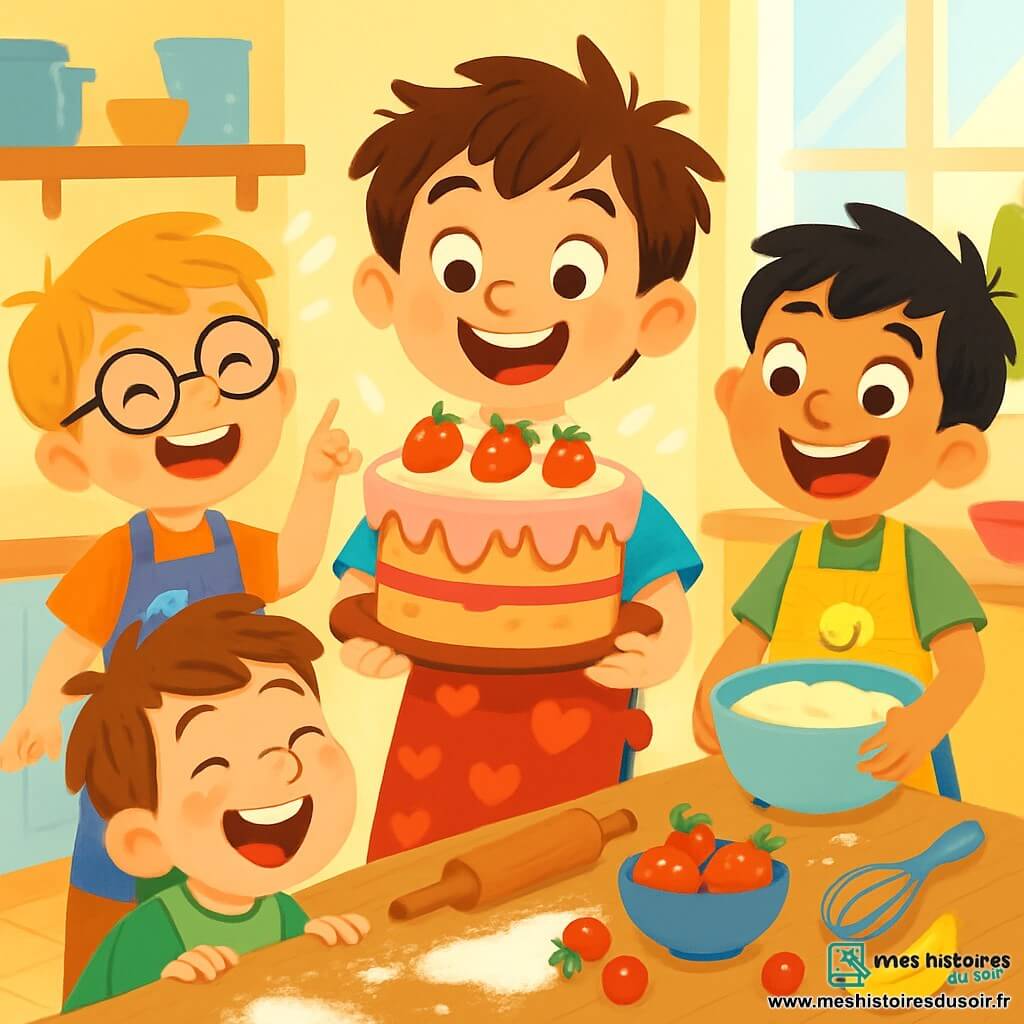 Il y a quatre enfants : Malo, un garçon de 7 ans avec des cheveux bruns en bataille, souriant au centre avec un grand gâteau qui saute ; Tom, 6 ans, blond avec des lunettes rondes, à gauche de Malo, riant et montrant son doigt vers le gâteau ; Léo, 7 ans, avec des cheveux noirs et un bol de pâte à gâteau, à droite de Malo ; et Sami, 6 ans, châtain avec des taches de rousseur, crouché devant Malo, riant avec de la farine sur le nez. La scène se déroule dans une cuisine lumineuse et colorée, avec une grande table en bois couverte de farine et de fruits. Les enfants préparent un gâteau rigolo, créant une ambiance festive et chaleureuse.