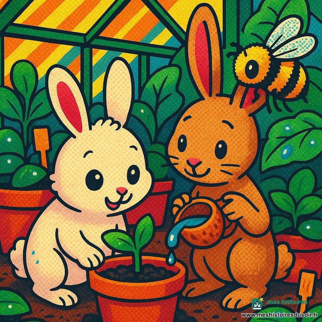 Noisette, petit lapin blanc aux yeux brillants, penche tendrement au‑dessus d’un pot en terre cuite où une fine pousse de capucine aux deux feuilles montre une goutte d’eau; Marlon, jeune lapin brun clair aux grandes oreilles, sourit timidement et tient une coquille de noix transformée en arrosoir à côté de Noisette; une petite abeille jaune et noire butine sur une feuille voisine; le tout se déroule dans une serre en verre aux cadres verts, lumière chaude, pots en terre et feuilles mouillées, ambiance humide, intime et pleine d’espoir.