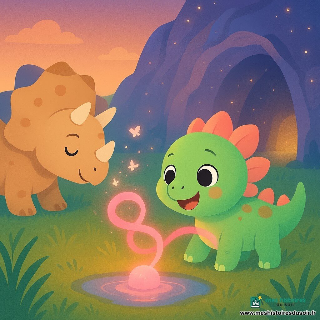 Un petit stégosaure nommé Silo, vert tendre aux plaques roses et crème, au visage rond et yeux brillants, regarde émerveillé une pierre brillante posée dans une petite flaque qui émet une lumière rose formant un ruban autour de son cou et le guidant vers une grotte lumineuse; à gauche, un tricératops amical beige à tâches ocres souffle des points de lumière comme des papillons; la scène se déroule au crépuscule sur une plaine herbeuse, murs de la grotte aux tons violets et bleus parsemés de lueurs.