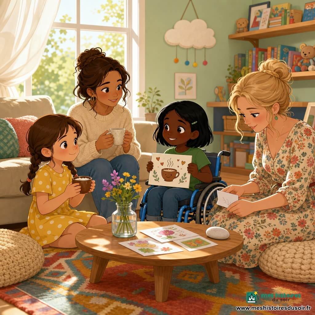 Quatre personnages dans un salon lumineux près d'une grande fenêtre : Zoé (~8 ans, cheveux châtains en couettes, robe jaune à pois) assise par terre à gauche tenant une petite tasse de chocolat et souriant timidement ; Lina (~8 ans, cheveux courts noirs, t‑shirt vert, fauteuil roulant léger bleu) à droite de Zoé tenant une pancarte « Café des Mamans » ; la maman de Zoé (~35 ans, pull crème, cheveux bruns en bataille) assise sur un grand coussin derrière les filles à gauche tenant une tasse et les regardant avec tendresse ; la maman de Lina (~36 ans, robe fleurie, chignon blond) assise sur un coussin à droite lisant un petit mot sous un caillou décoratif. Ambiance douce et chaleureuse de fête des mères : deux filles servent des boissons et offrent des mots, tapis coloré, table basse en bois clair avec une petite fleur dans un verre et un caillou blanc, étagères avec livres et jouets, rideau léger, murs vert pâle, textures et couleurs pastel.