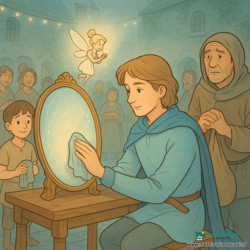 Un jeune prince serein à visage ovale et cheveux châtain clair mi-longs, vêtu d’une tunique bleu pastel et d’une cape légère, s’agenouille et frotte délicatement un grand miroir ancien posé sur une table en bois ; la fée minuscule Paillette, grande comme une main, cheveux en chignon de plume blanc et ailes translucides pailletées, virevolte au-dessus en applaudissant tandis qu’un homme d’environ 50 ans, Lorn, au visage marqué et cheveux gris sous un capuchon retiré, vêtu simplement et tenant un sac vide, affiche honte et soulagement ; à gauche, Timo, garçon d’environ 10 ans aux cheveux bruns courts en robe simple, tient une éponge et sourit timidement ; plusieurs villageois adultes forment un demi-cercle derrière la table, certains tenant des lampes ou des tartes ; la scène se déroule dans la grande cour pavée du château au crépuscule, pavés humides reflétant les lanternes, tables rustiques avec tartes et limonade, guirlandes lumineuses, murs de pierre couverts de lierre et légère brume qui se dissipe ; le miroir s’éclaircit progressivement, des filaments de brume s’élèvent en arrière-plan, ambiance douce et chaleureuse aux couleurs pastel (bleu pâle, miel, vert tendre), traits arrondis et textures douces, composition centrée sur le prince et le miroir, atmosphère d’apaisement et de réparation.