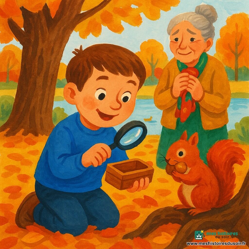 Léo, garçon aux cheveux châtain courts et visage rond, à genoux dans un tapis de feuilles d'automne, tient une petite boîte en bois et une loupe; derrière lui, une femme âgée aux cheveux gris en chignon serre un foulard, les yeux humides; à droite, un écureuil roux aux joues pleines de noisettes est perché sur une racine; le tout sous un grand chêne près d'un étang, lumière douce, atmosphère chaleureuse, rendu gouache aux couleurs vives et textures visibles.