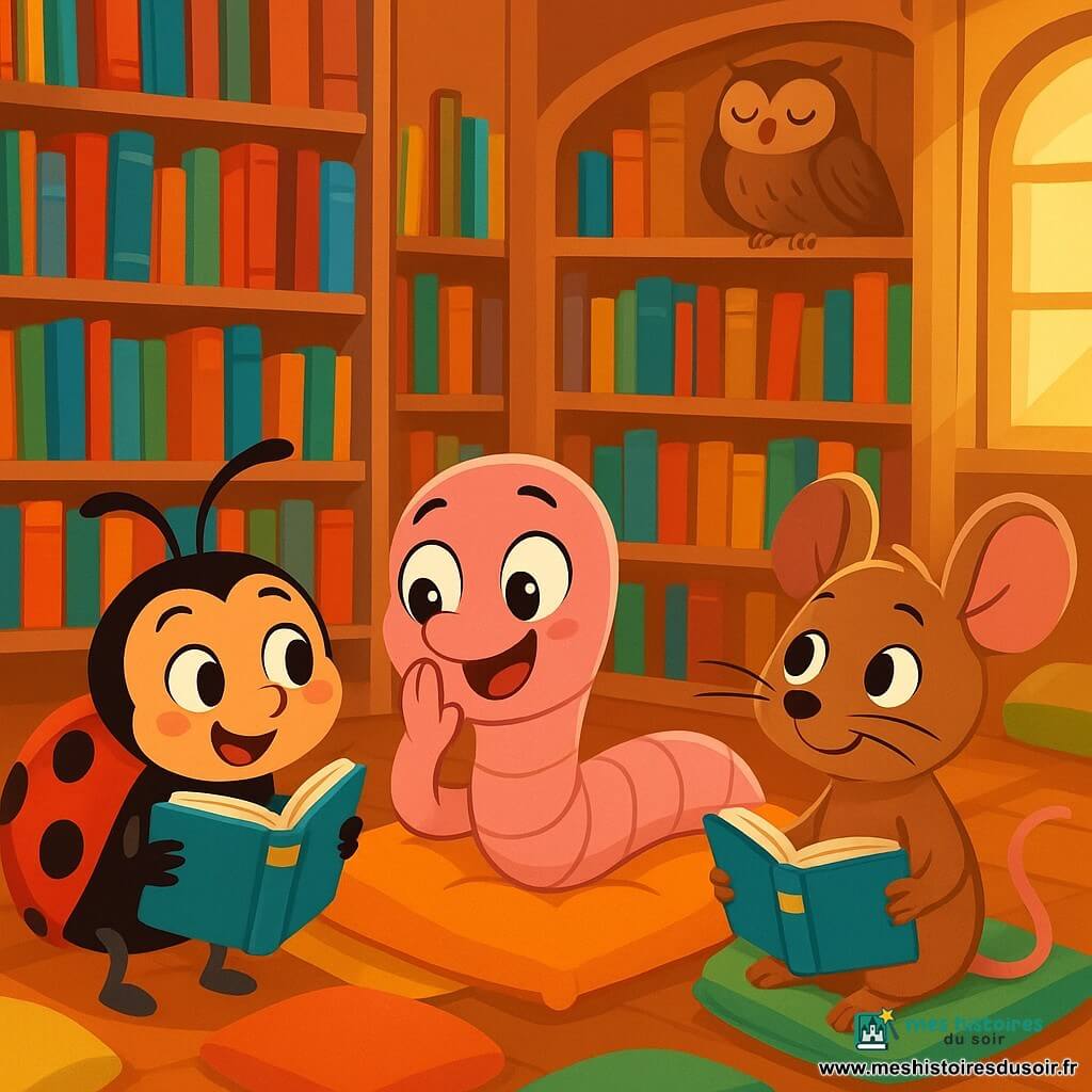 Un ver de terre nommé Gustave, avec un corps rose et des yeux pétillants, sourit en chuchotant à ses amis. Allongé sur un coussin moelleux, il est entouré de livres colorés. À ses côtés, Pénélope la coccinelle, avec ses ailes rouges à pois noirs, essaie de lire un livre à l'envers, amusée et un peu confuse. Albert le mulot, avec sa fourrure brune, observe curieusement en tenant un dictionnaire. Ils se trouvent dans une bibliothèque magique, remplie de livres colorés et de coussins, éclairée par une lumière dorée. Ils préparent un concours de chuchotements, riant doucement pour ne pas déranger une vieille chouette qui dort.