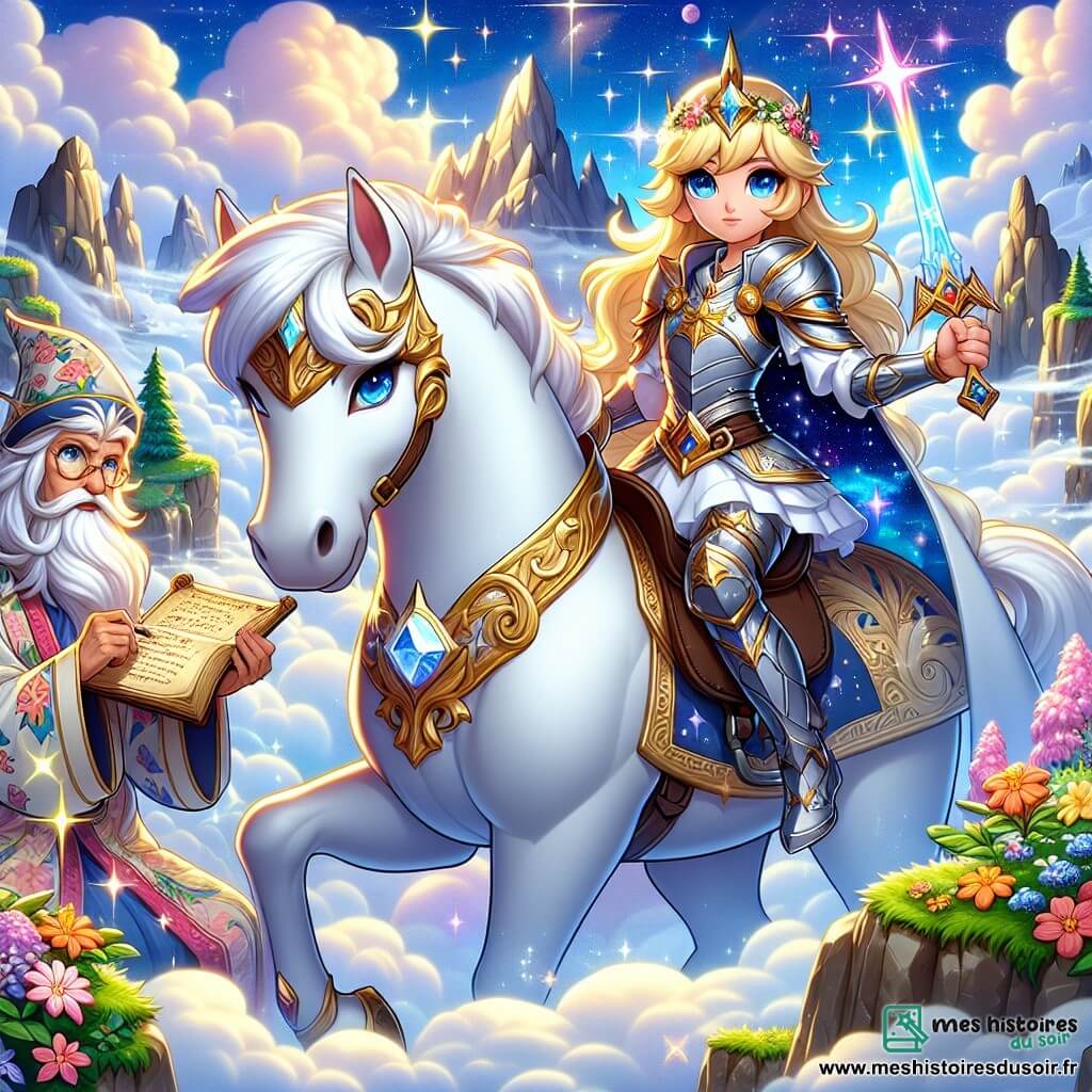Au centre de l'image, Lysia, une jeune chevaleresse d'environ 20 ans, se tient sur son cheval blanc, Éclair. Elle a de longs cheveux dorés, des yeux bleu ciel et porte une armure ornée de motifs de fleurs. Son visage exprime bravoure et confiance alors qu'elle brandit une épée scintillante. À ses côtés, la Gardienne des Étoiles, une vieille sorcière au visage ridé, l'observe avec bienveillance, vêtue d'une robe colorée parsemée d'étoiles et tenant un ancien rouleau. Le décor est situé au sommet de la Montagne des Brumes, entouré de nuages, de fleurs éclatantes et d'arbres majestueux sous un ciel bleu clair. Lysia est prête à partir à l'aventure pour récupérer le Joyau de la Lumière, tandis que la sorcière lui confie une prophétie mystérieuse.