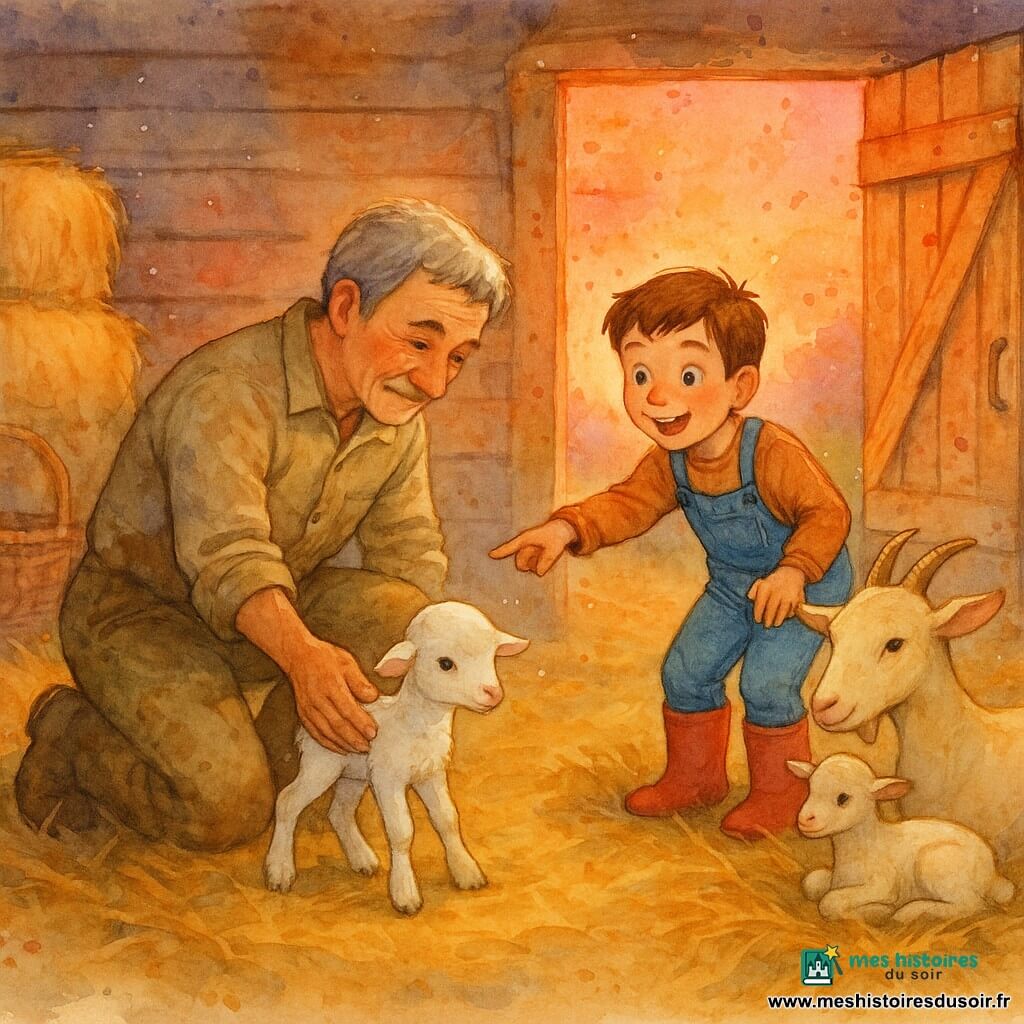 Un agriculteur aux traits ridés et cheveux poivre et sel, en toile beige tachée, agenouillé, la main tendue vers un petit agneau blanc fragile, accompagné d'un garçon de dix ans en salopette bleue et bottes rouges, riant et pointant l'agneau ; une chèvre mère crème veille, couchée dans l'enclos rustique en paille dorée au crépuscule, planches patinées et bottes de foin en arrière-plan, lumière chaude orange-rose filtrant par la porte entrouverte, scène intime et joyeuse de découverte d'un nouveau-né, empreinte de douceur (gouttes de rosée et touches aquarelle).