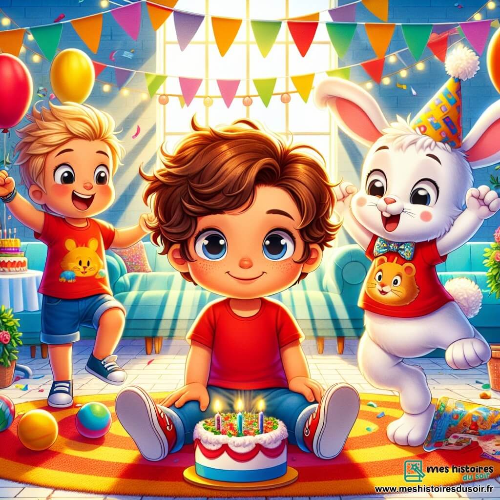 Léo, un petit garçon de 1 an avec des cheveux bouclés et un grand sourire, est assis sur un tapis coloré. À sa gauche, Max, 2 ans, en t-shirt rouge et avec un ballon bleu, saute de joie. À sa droite, Tom, également 2 ans et portant un chapeau de fête coloré, applaudit. Devant eux, un lapin blanc nommé Lapinou, avec de grandes oreilles et un nœud papillon, tient un gâteau d'anniversaire décoré de bougies. La scène se déroule dans une salle de fête lumineuse, ornée de guirlandes, de ballons et d'une table remplie de douceurs. Léo est entouré de ses amis, chantant "Joyeux anniversaire" et s'apprêtant à souffler les bougies, créant une atmosphère festive.