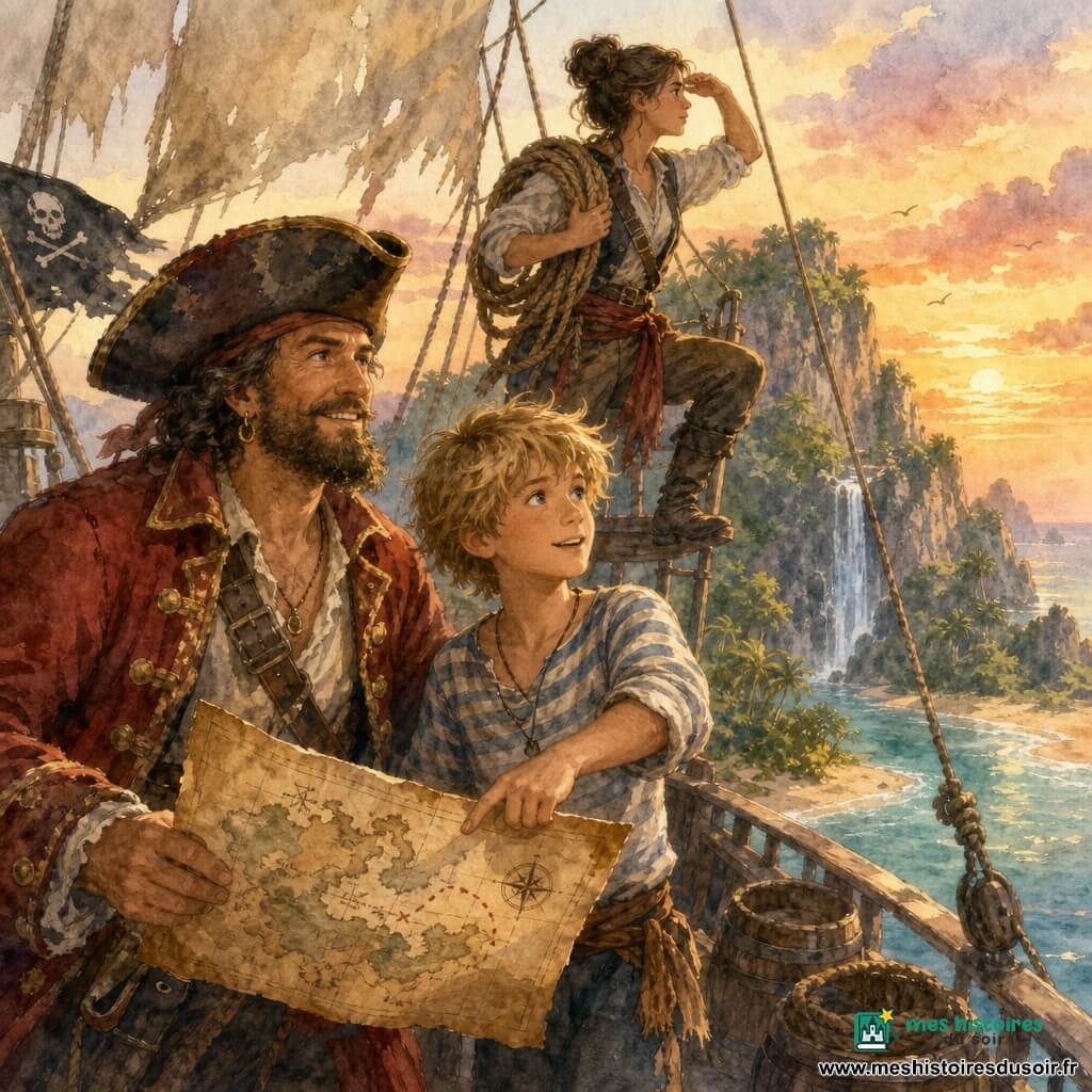 Un capitaine pirate barbu d'une quarantaine d'années en grand manteau rouge et tricorne tient une vieille carte au trésor et sourit, un garçon mousse blond d'environ 12 ans en marinière pointe une direction à droite sur le pont, une jeune matelote brune d'environ 25 ans grimpe à la hune avec une corde et scrute la côte ; le vieux bateau en bois aux voiles déchirées, tonneaux et poulies est rendu en textures aquarelle, tandis qu'au loin une île verdoyante avec falaise, cascade et plage dorée apparaît sous un ciel pastel au coucher, créant une atmosphère d'aventure et de découverte.